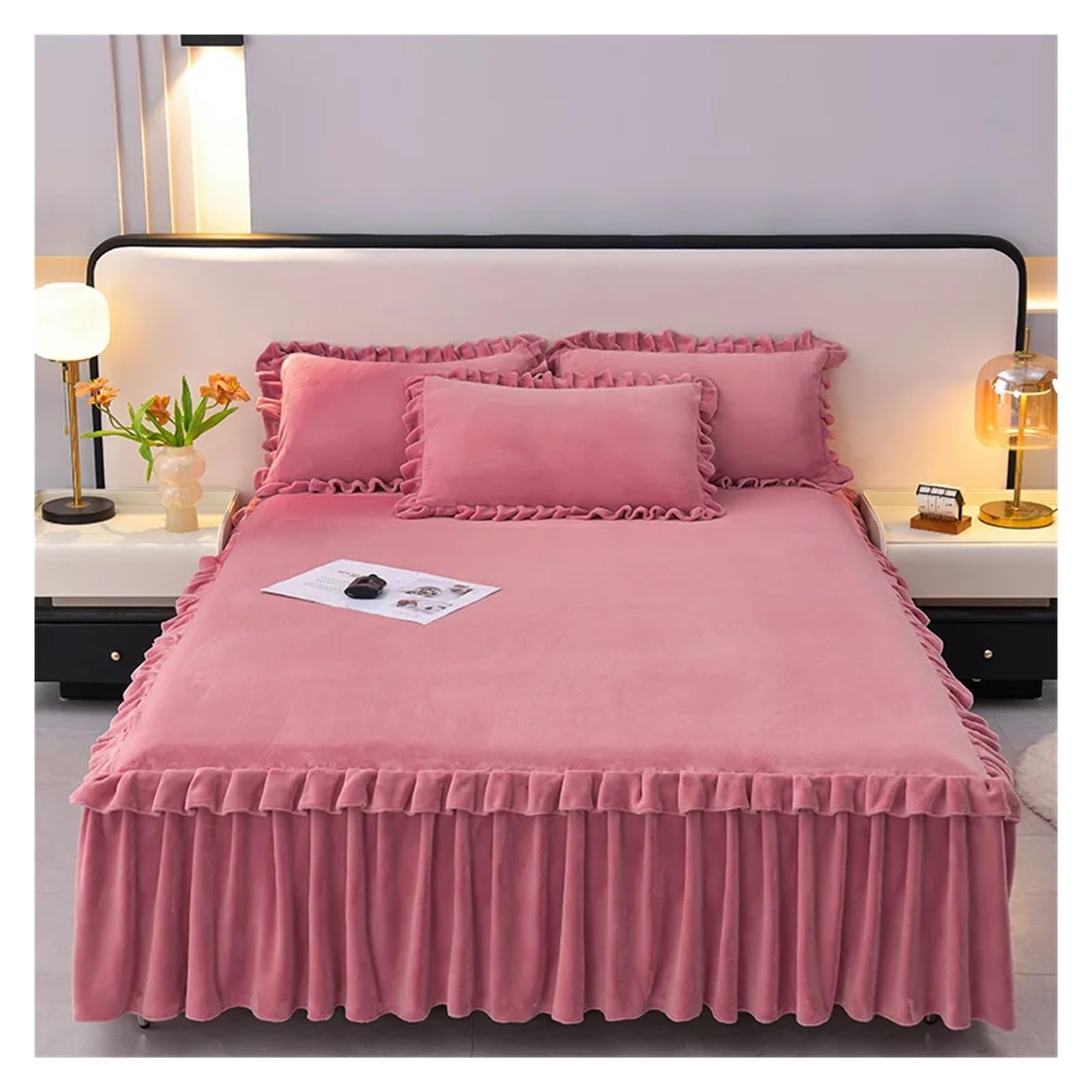 Bed Skirt Velvet Bedspread Ruffles Bed Cover Skin-friendly Mattress Protector Lace Bedsheet (No Pillowcase)(Color2,King 180x220cm 1pc)