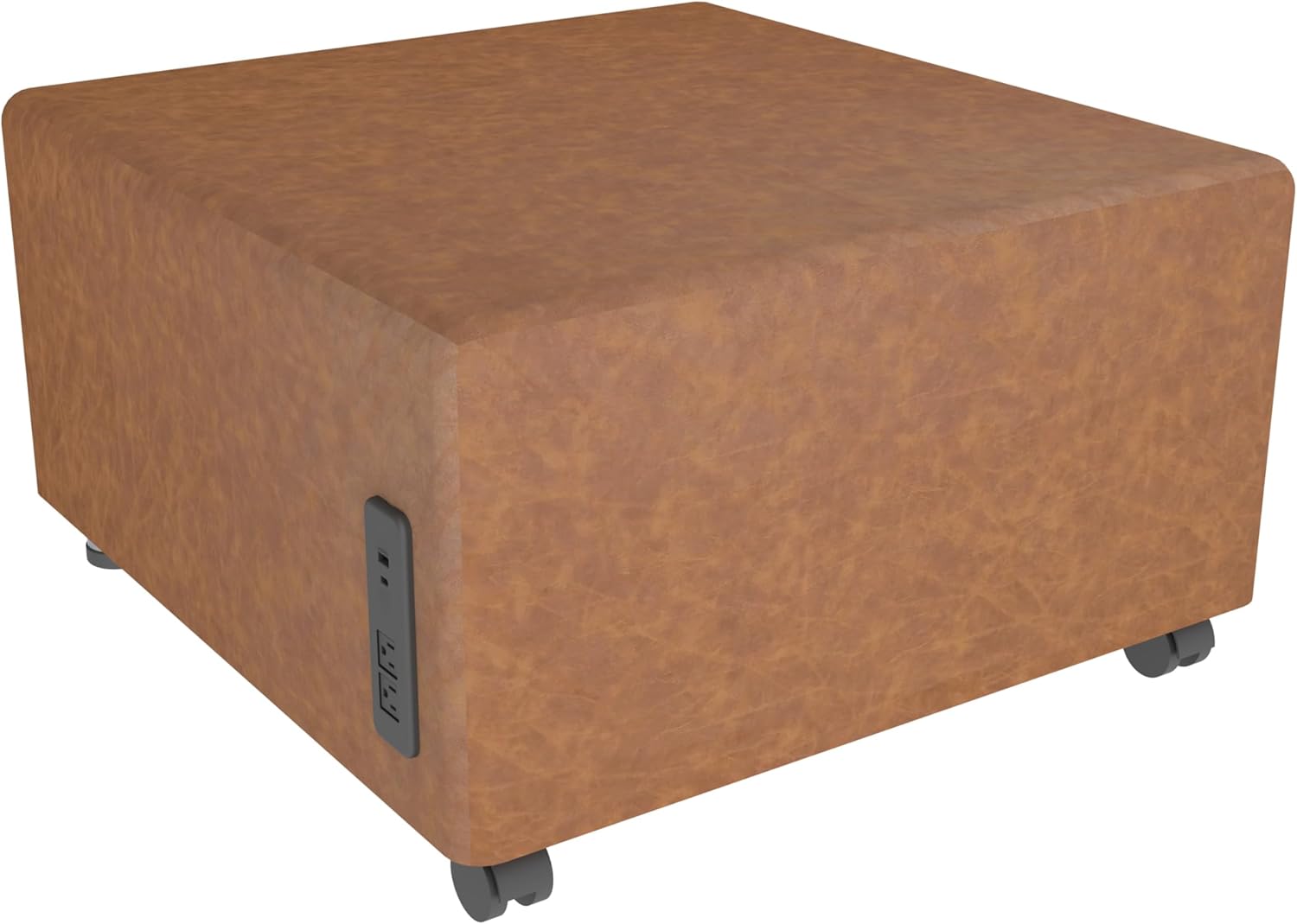 FDP Pro Series Rustic Square Mobile Seat with Tech Outlet, USB Charging Ottoman or Footstool Use Distressed Faux Leather, Hand Upholstered Commercial Furniture for Lobby, Office, Restaurant- Almond