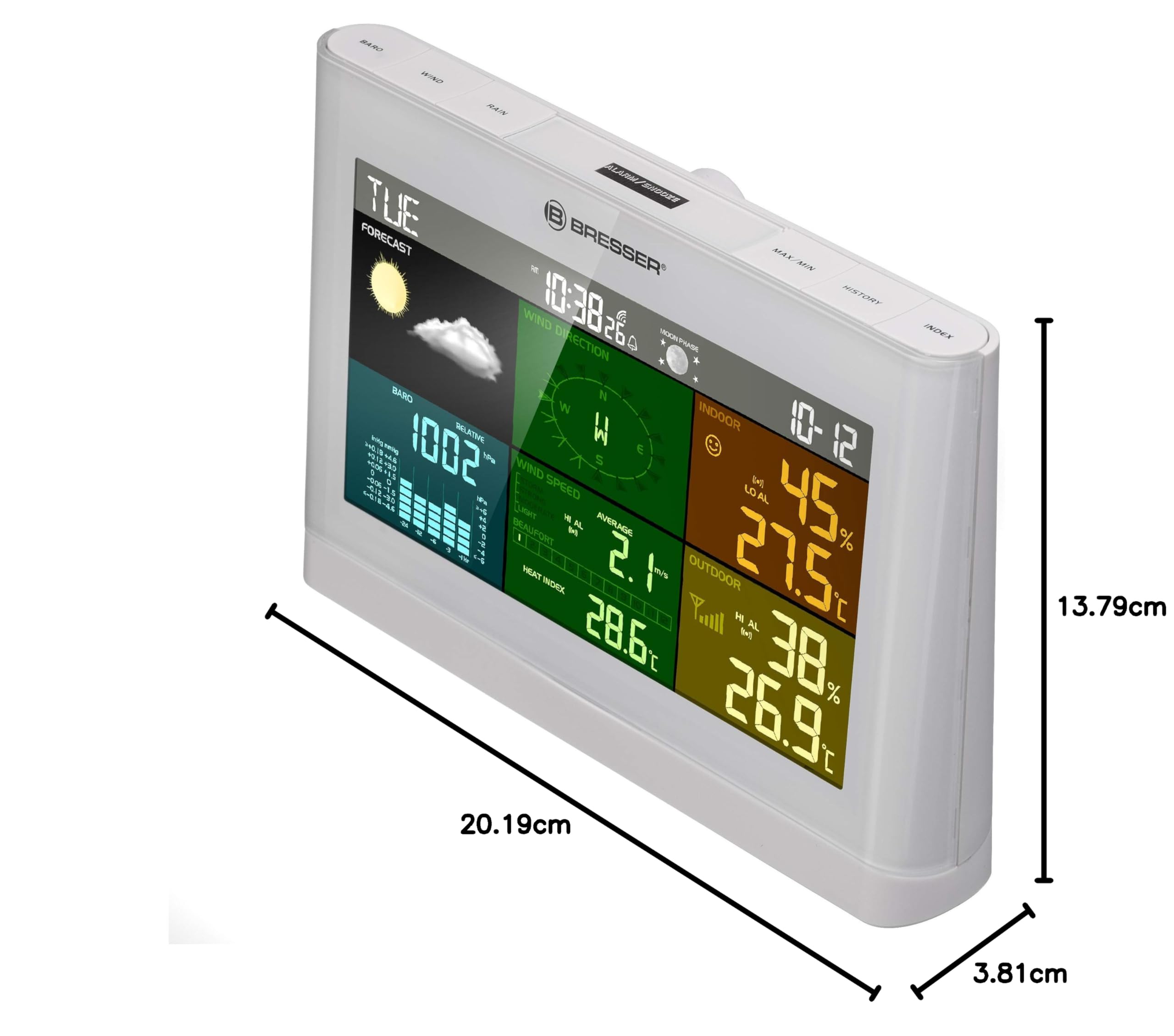 Bresser Wetterstation Funk mit Außensensor Wetter Center mit 5-in-1 Außensensor (Temperatur, Luftdruck, Luftfeuchtigkeit, Windmesser, Regenmesser), weiß