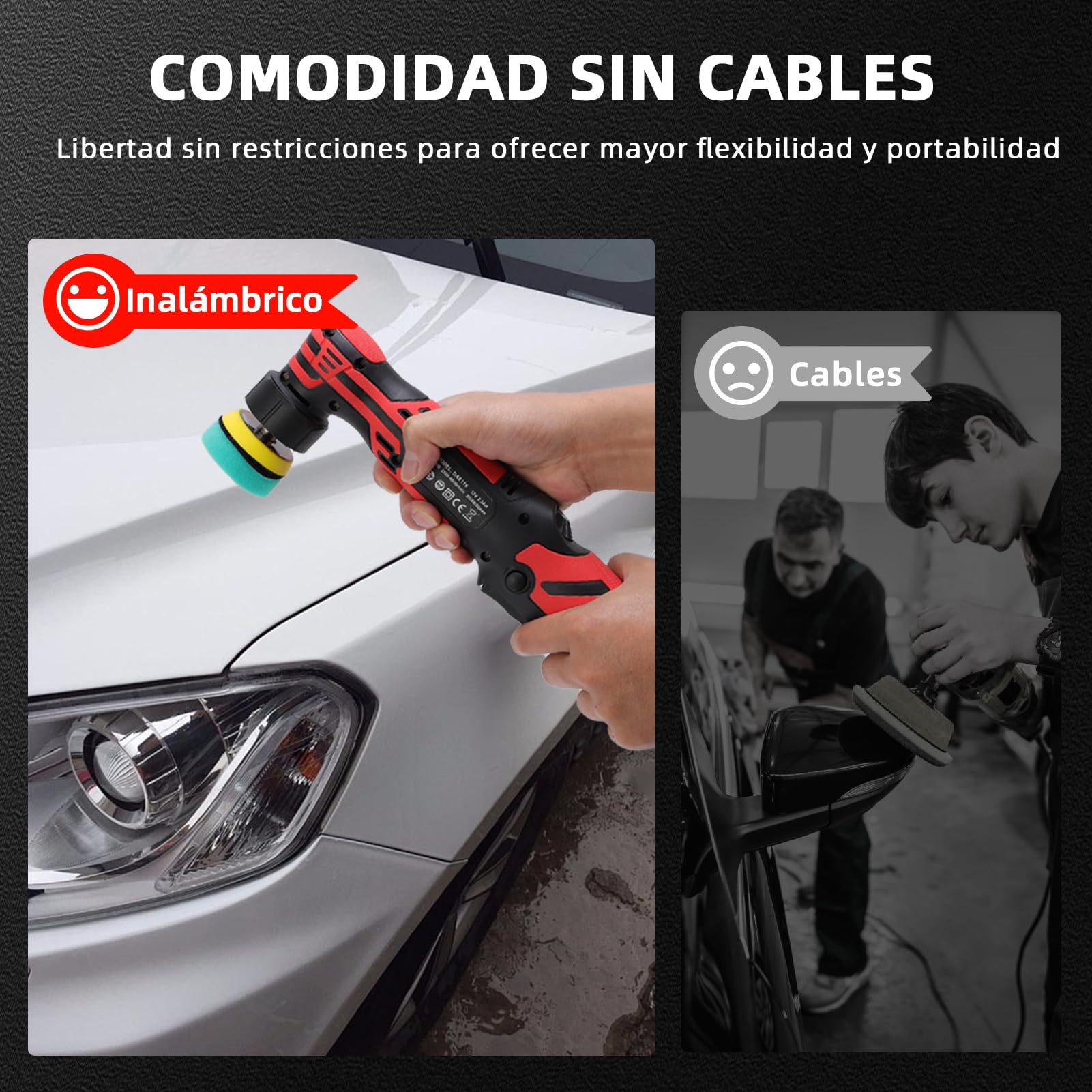 Pulidora Coche Inalámbrica 12V, Mini Pulidora Orbital con 6 Velocidades Ajustables 2500-6000RPM, Kit de Pulido para Quitar Arañazos y Pulir Faros