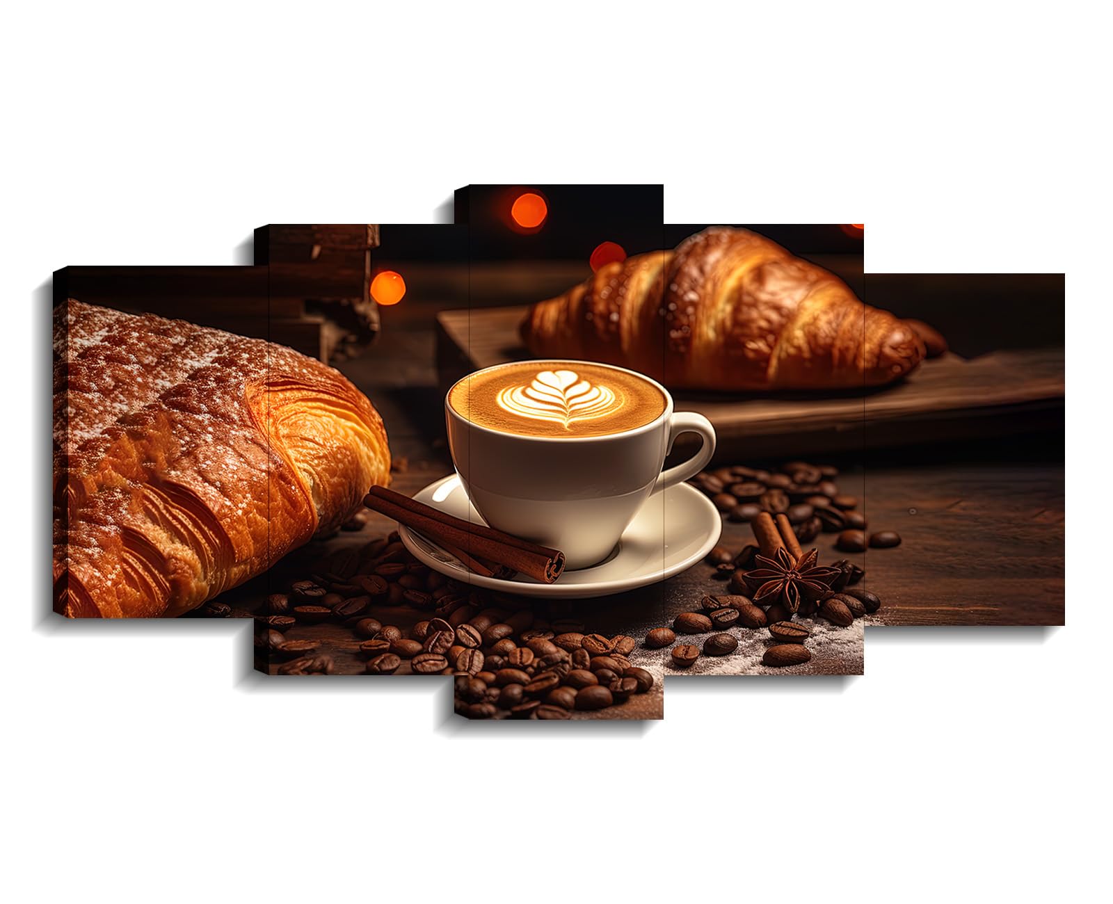 Coffee Canvas Wall Art 5 Piece Kitchen Wall Decor Espresso Bread with Coffee Bean Picture Good Morning Sign Painting Vintage Prints Home Decor Framed(
