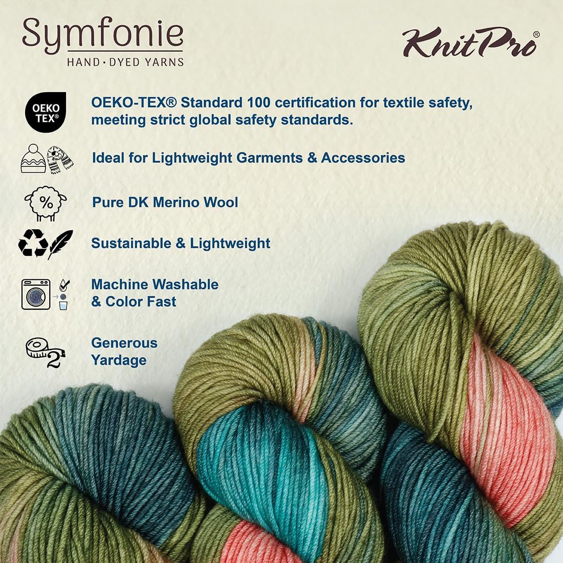 KnitPro Symfonie Premium Hand Dyed Yarn | 100% Extra Fine Merino Wool for Knitting & Crocheting, DK Weight, Oeko-TEX Certified, Colorfast Fiber 220m, 100g Skein | Viva Variegated Spring Blush