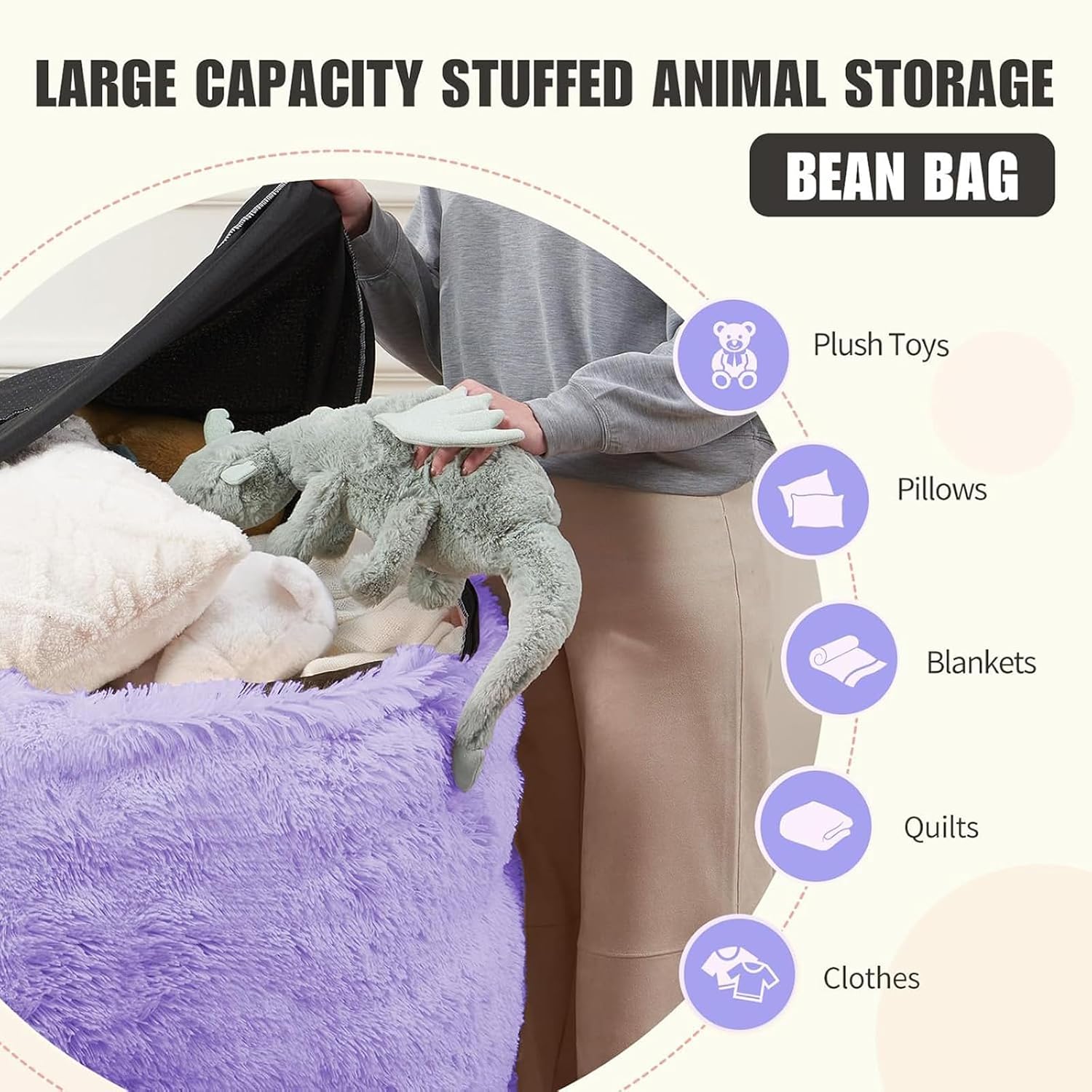 Bean Bag Cover (No Filler) - Faux Fur Beanbag Chairs Covers Only, Stuffed Animal Storage Bean Bag for Adults, Large Washable Beanbag Cover Without Filling, 5FT, Purple image 3