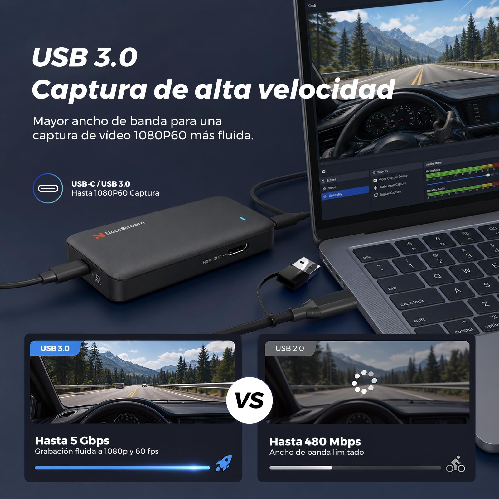 NearStream Tarjeta de Captura de Video HDMI 2.0 & USB 3.0, Capturadora de Video para Streaming, 4K Passthrough &1080P 60FPS Captura para PC/MAC/Cámaras/PS4/PS5/Switch/Xbox Series X/S/OBS