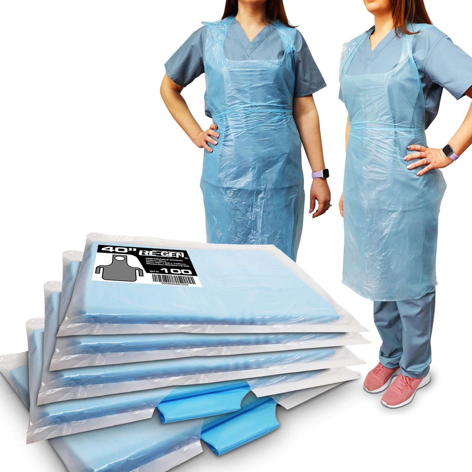 Re-Gen Blue Disposable Polythene Cat 1 Aprons 500Pc, 5 Flat Packs | 69X105cm Long Length 40" | Premium Quality, Kitchen, Catering, Medical Healthcare, Workplace Cleaning Ppe | One Size