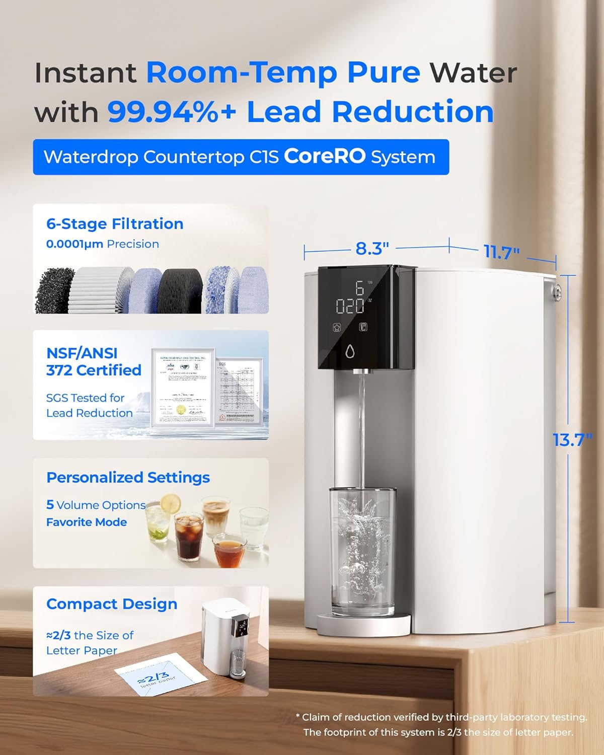 Waterdrop C1S Countertop Reverse Osmosis System, NSF/ANSI 58 & 372 Certified, 6-Stage, Portable Reverse Osmosis Water Filter, Reduce PFAS, No Installation Required, BPA Free