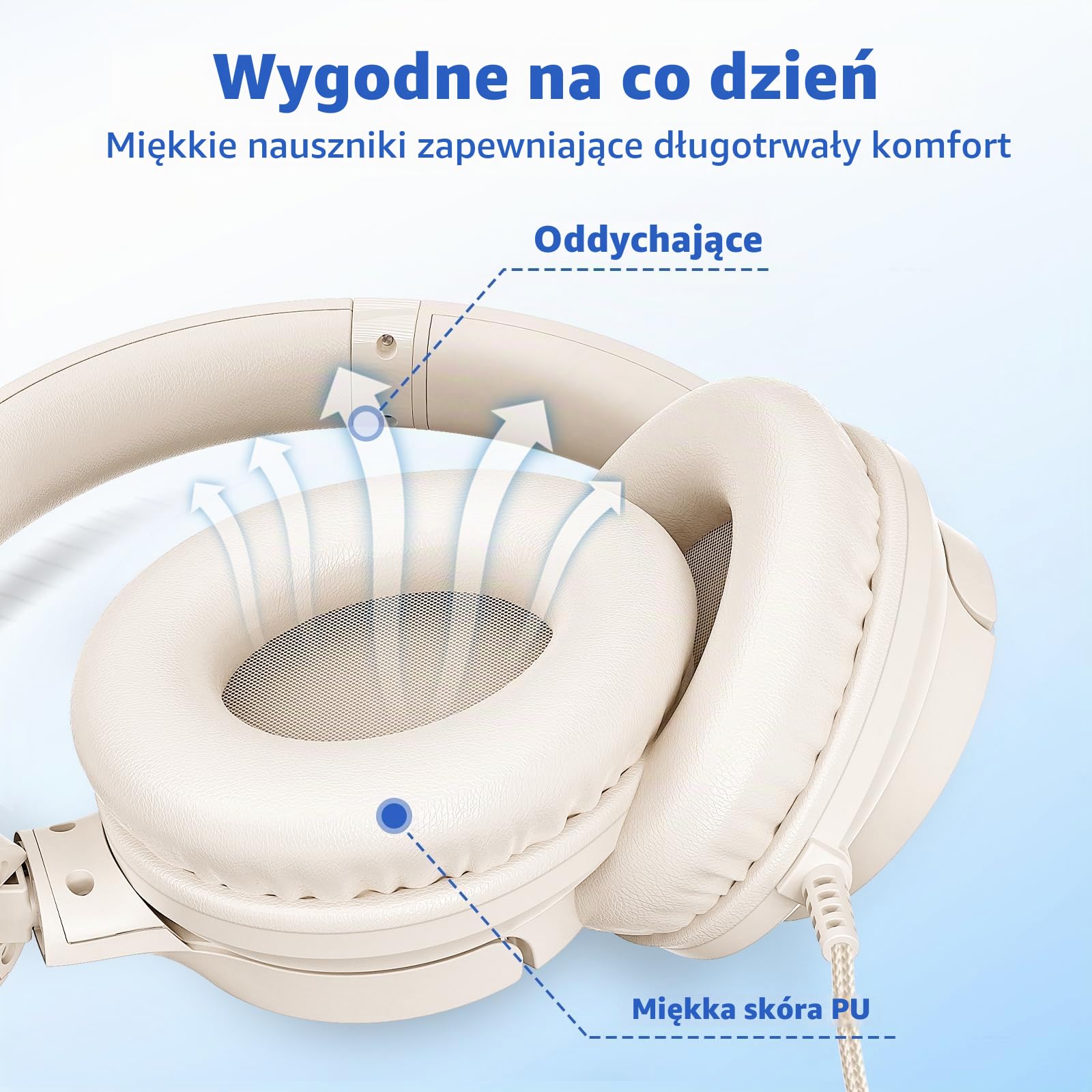 Botesty Sound Przewodowe słuchawki z mikrofonem, słuchawki nauszne przewodowe z nieplączącym się nylonowym przewodem o długości 1,5 m, 3,5 mm, do smartfona, tabletu, komputera, MP3/4 (beżowo-białe)