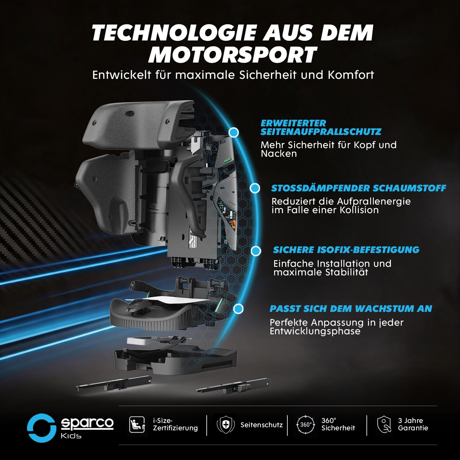 Sparco i-Size-Kindersitz SK8000IBK für Kinder von 76 bis 150 cm, ECE R129/04-zertifiziert, mit ISOFIX und Top Tether, verstellbarer Kopfstütze, klappbarer Rückenlehne und 5-Punkt-Gurt, Farbe: Schwarz