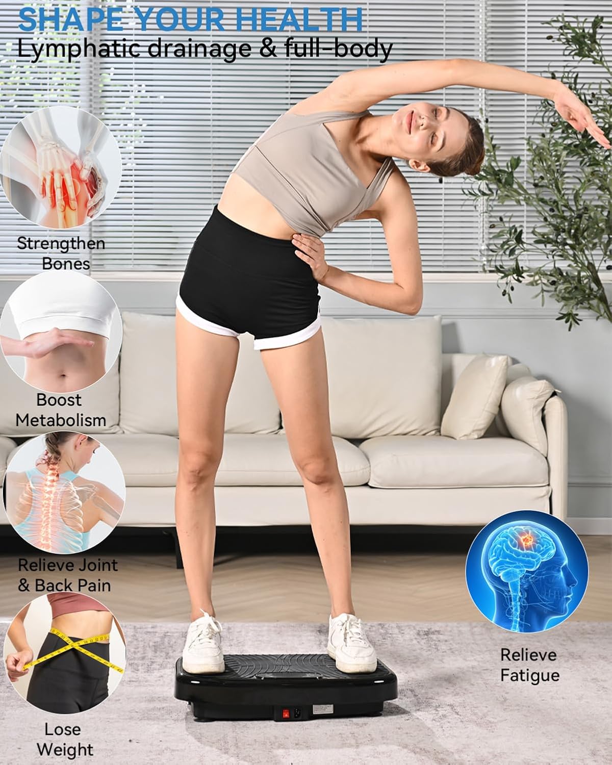 Vibration Plate Exercise Machine, Vibrating Plate Platform for Lymphatic Drainage with 200 Adjustable Speeds, Power Vibration Plate for Weight Loss & Fitness, Supports Weight 450 Lbs - Image 8