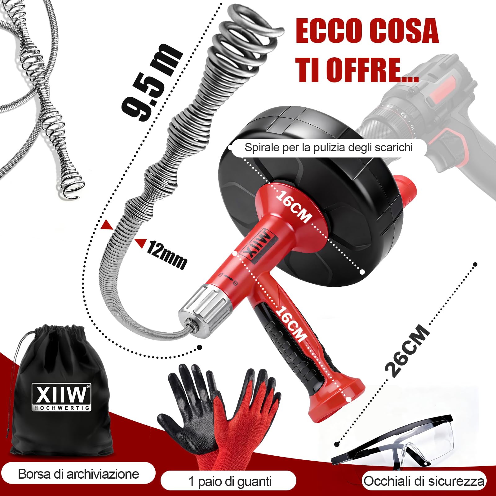 XIIW Sonda Sturatubi 2 in 1 Manuale/Elettrico | Spirale 9.5m | Adattatore per Trapano | Pulitore Scarichi per Lavandini, Box Doccia, Cucina e Pavimento – Include Guanti, Occhiali, Borsa Trasporto | Spulitore a spirale per scarichi intasati, ecologico, a s