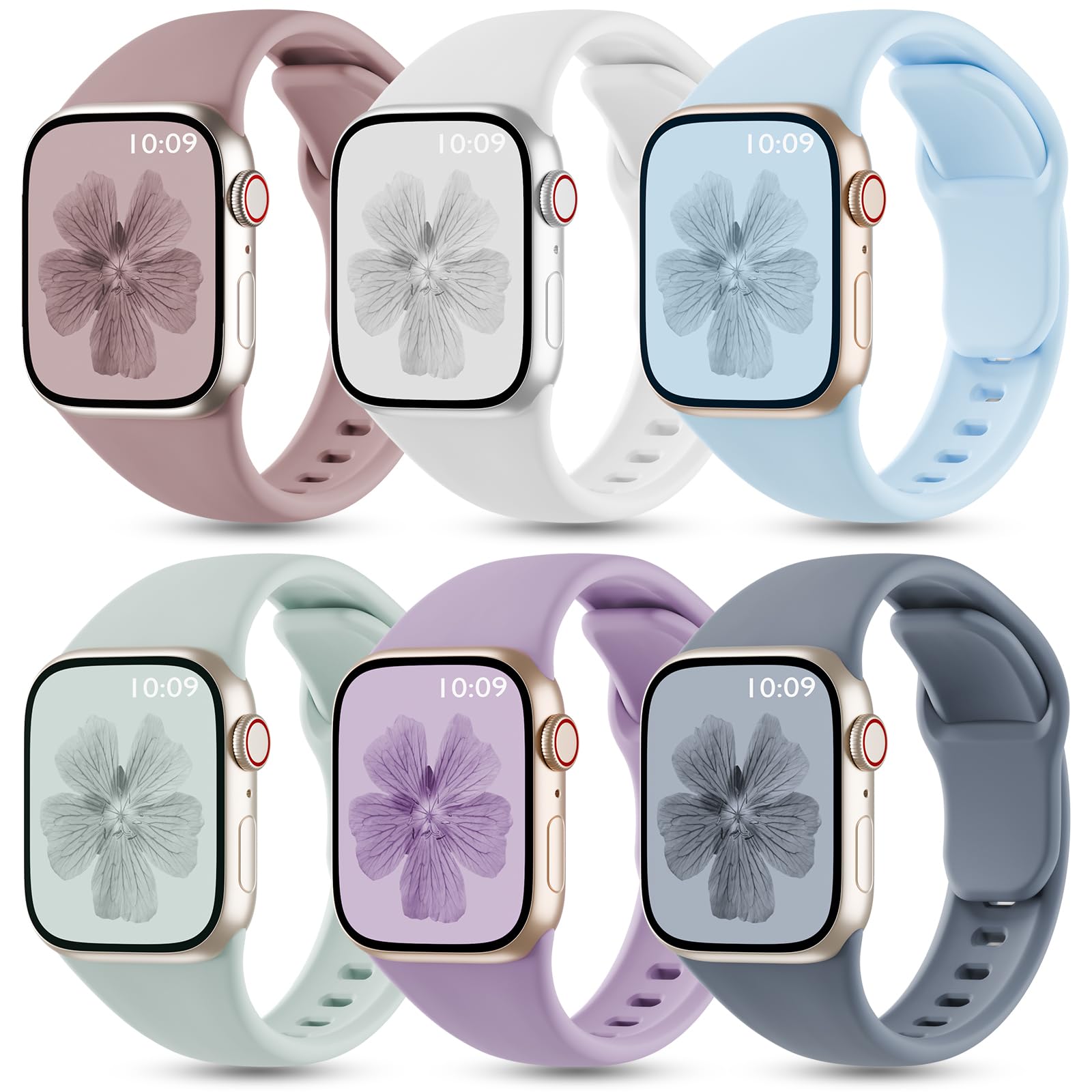 6 Pack Silicone Bands Compatible with Apple Watch Band 42mm 41mm 40mm 38mm 46mm 45mm 44mm 49mm Women Men, Patented Wristband Soft Sport Waterproof