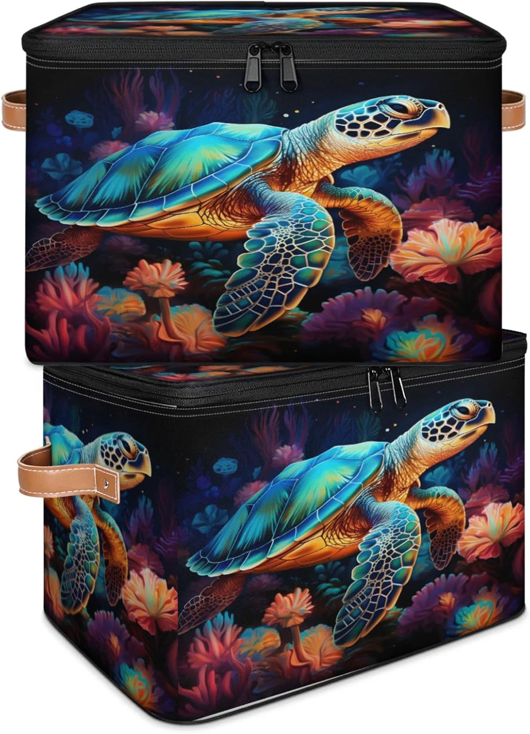 Storage Bin Set of 2 Turtle Coral Storage Basket with Zipper Lid & Handle Foldable Closet Shelf 2 Pack Cloth Organizer Basket Cube Bins Clothes Organizer for Nursery, Bedroom