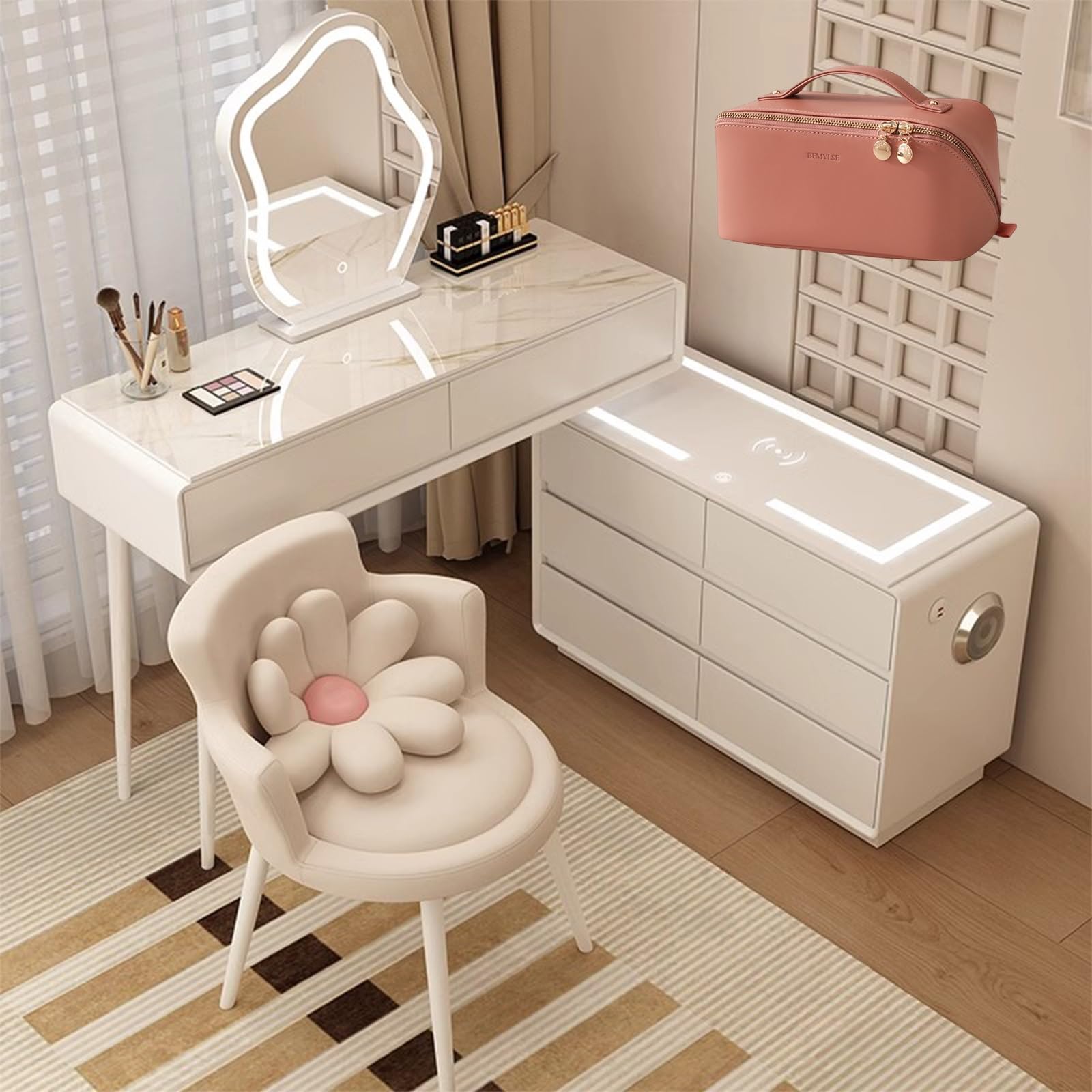 Stół LED ty z bezprzewodowym ładowaniem, 8 szuflad stołek w zestawie (80 cm) nowoczesny design z gniazdkiem, idealny do makijażu i akcesoriów kosmetycznych