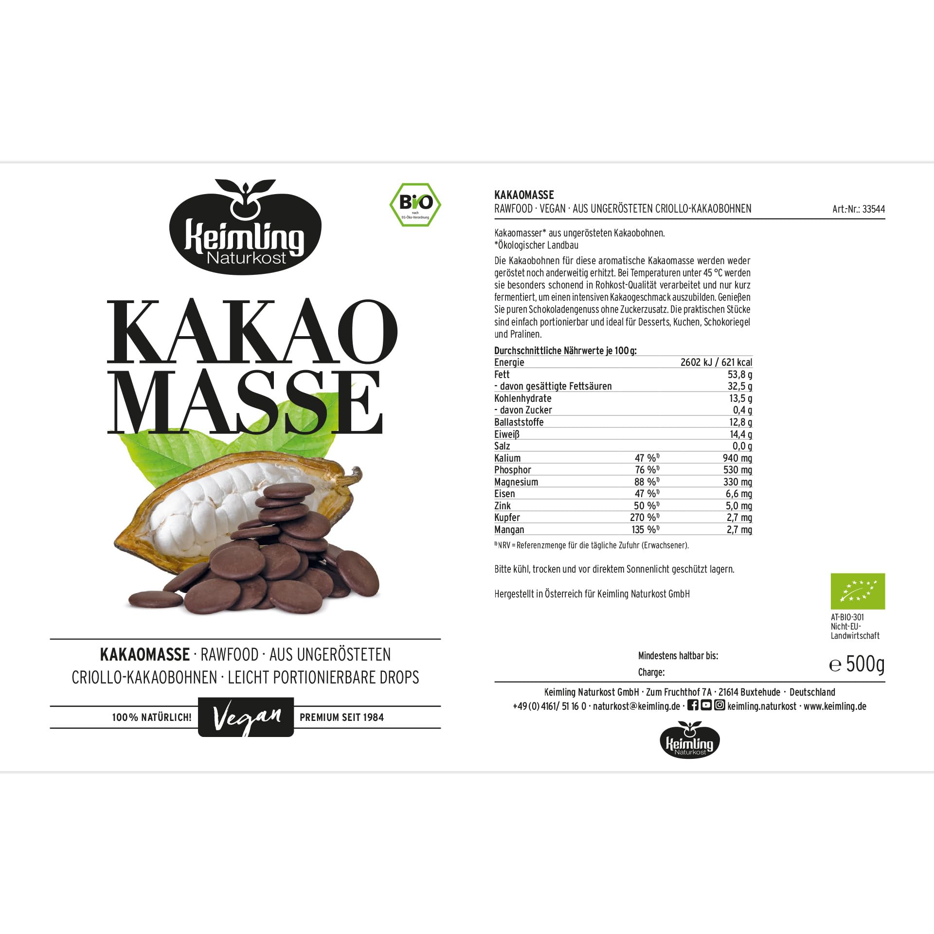 Keimling Bio Kakaomasse 500g Rohkakao Drops ungesüßt ungeröstet 100% rein natürliches Superfood