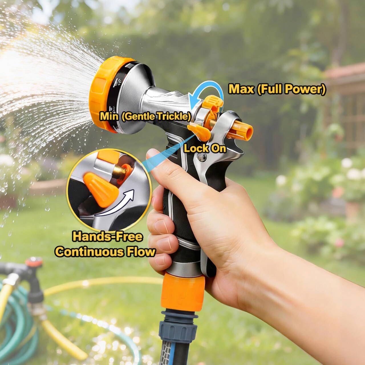 Onarway Garden Hose Spray Gun: Heavy Duty Metal Nozzle with Solid Brass Fittings for Leak-Proof Seal - 10 Patterns & Thumb Control for Continuous, Fatigue-Free Watering of 100+ Potted Plants & Lawns - 5