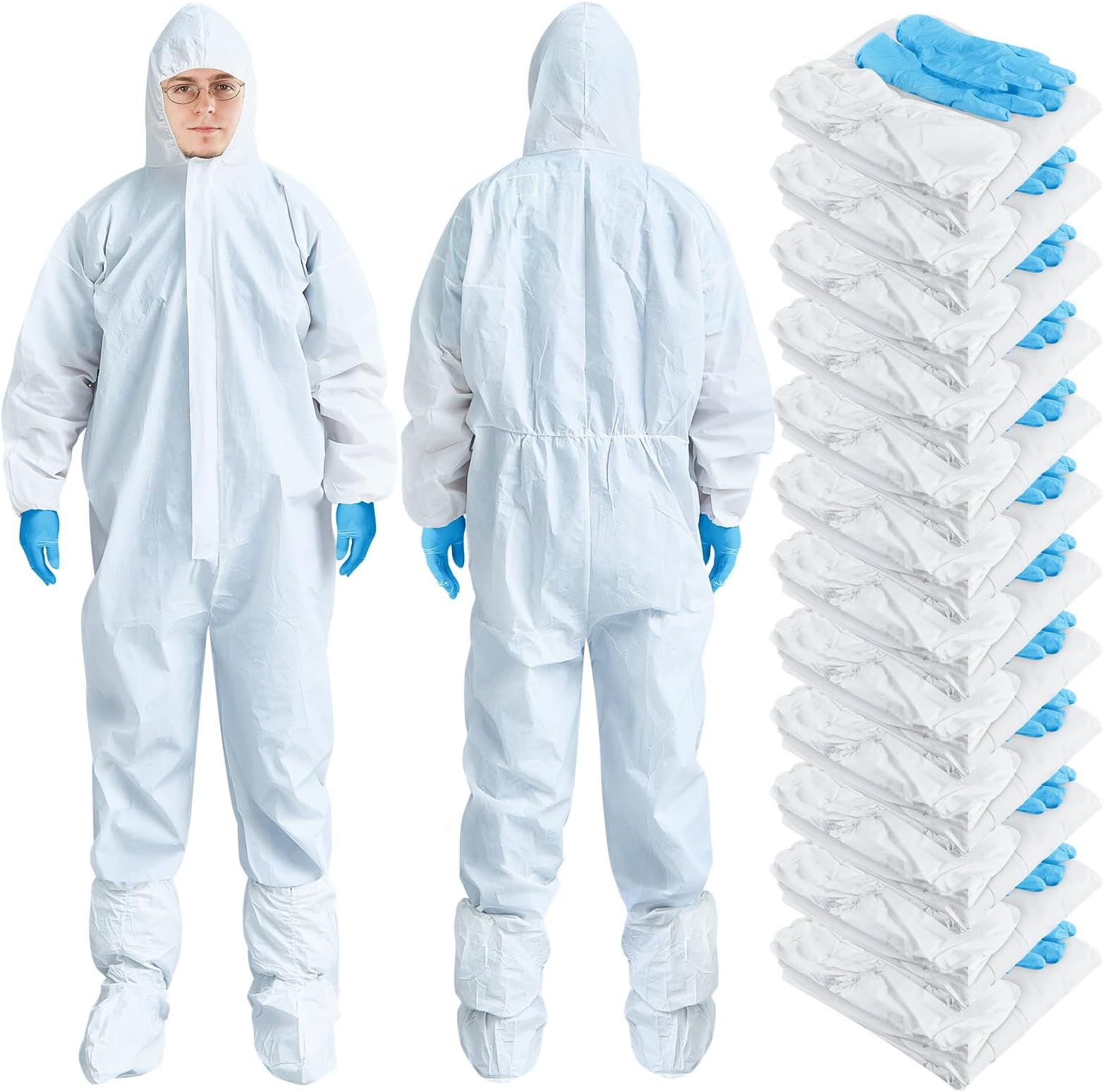 TrelaCo 5 Sets Hazmat Suit Disposable Protective Coveralls Full Body Paint Suit with Hood Shoe Cover and Glove Breathable Coverall (L,White)