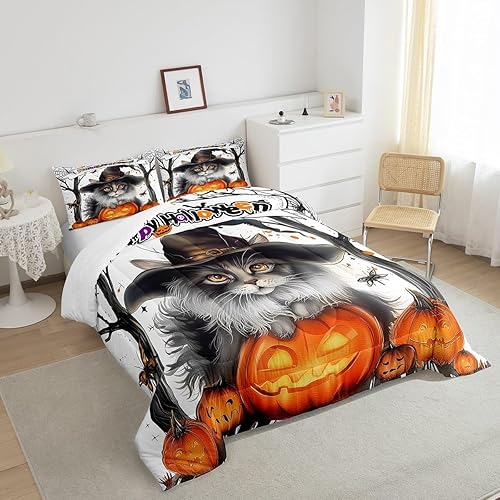 Miniatura 4 de Juego de ropa de cama de Halloween tamaño Queen, lindo juego de edredón con temática de truco o trato, juego de edredón de calabaza de Halloween,