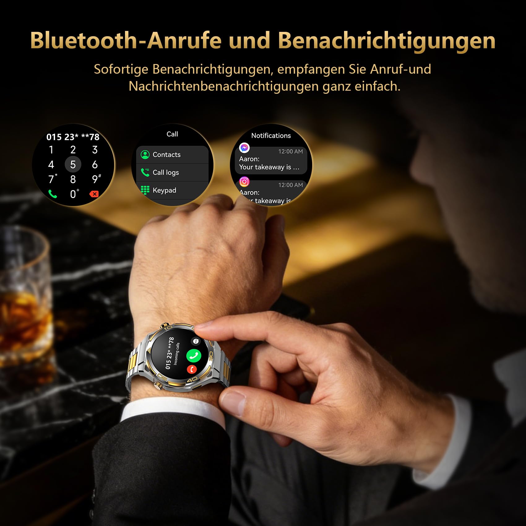 IOWODO Smartwatch Herren Luxus Business mit 14K Gold-Inlay, ChatGPT KI, GPS & Kompass, 1,43" AMOLED, Bluetooth Telefonie, 20 Tage Akku, AI Watch Faces, Gesundheitsmonitor, 100+ Sprotmodi, Silber