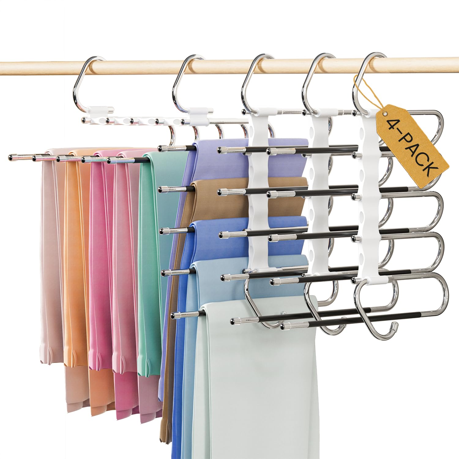 DAMITA Hosenbügel Kleiderbügel Hosen Platzsparend Weiß Kunststoff 4 Stück 5 in 1 Plastik Edelstahl Stabil Faltbare Keine Installation Erforderlich Schrank Organizer Schals Jeans Kleidung