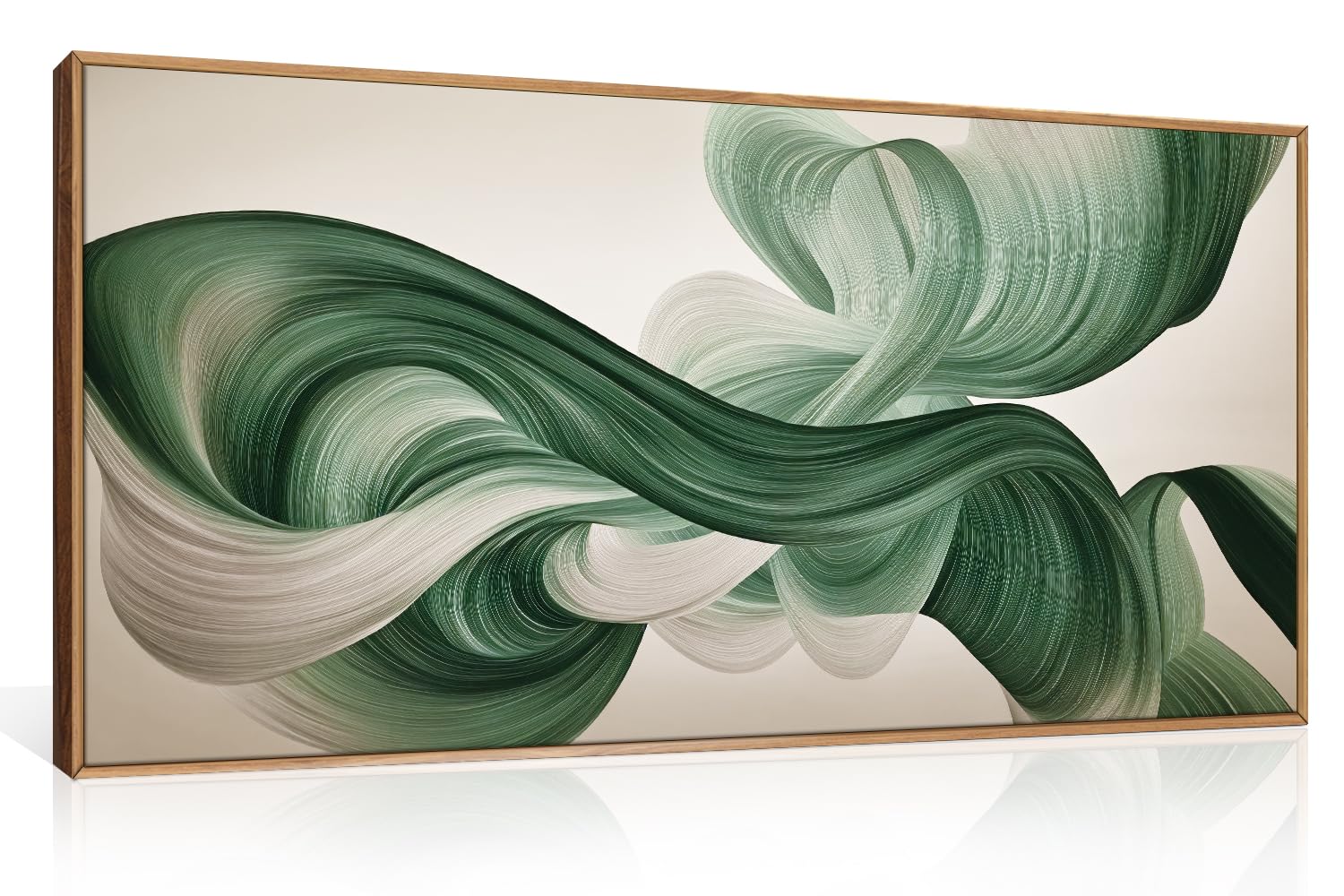 KAIRNE Green Abstract Waves Lines Framed Canvas Wall Art Set-40"x20"x1 | Minimalist Olive Green Wall Decor,Neutral Smoke Shape Art Prints,Modern Flowing Line Artwork for Living Room,Bedroom,Office