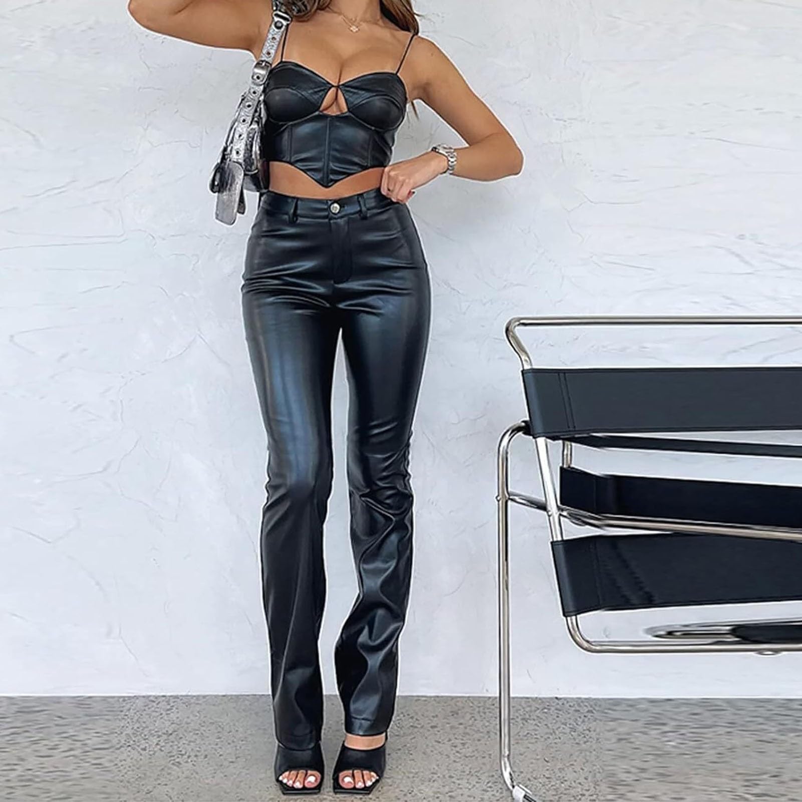 SIYAN Schlaghose Damen High Waist Bootcut Lederhose Lederoptik Wide Leg Jeans Sexy Push Up Skinny PU Legging Stretch Kunstlederhose Petite Bootcut-Bein, Lederjeans, PU Mit Taschen
