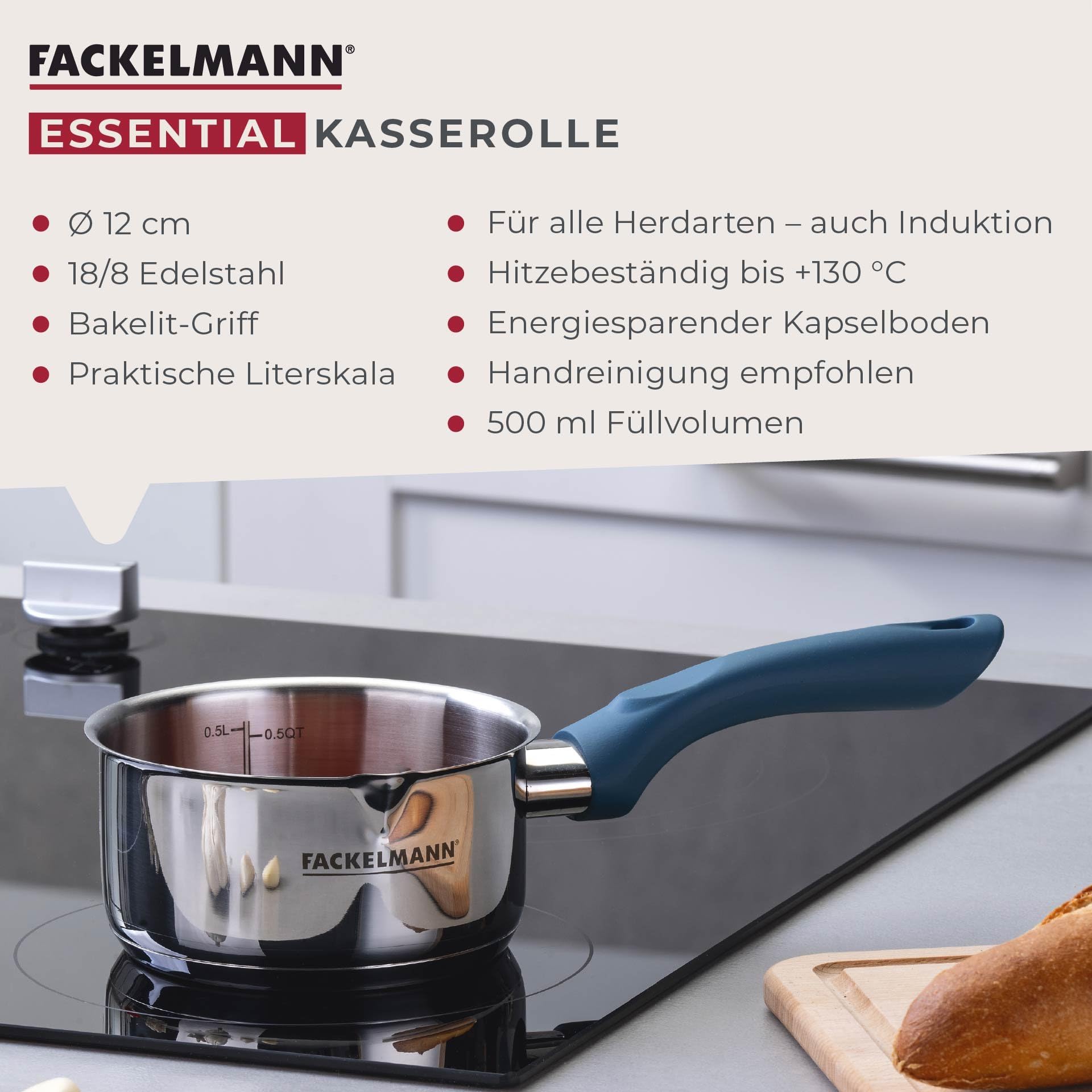 Casserole Essential Fackelmann 12 Cm Acier Inoxydable - Poignée Bakélite Chaleur Pour Induction Et Gaz