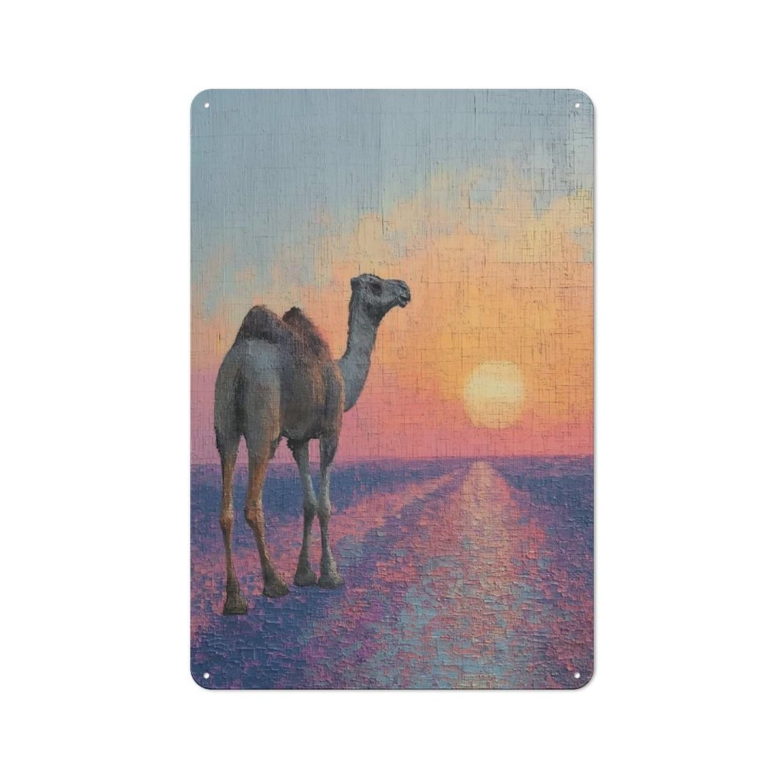 Junmoney Style-23 Rustic Tin Sign 30X20cm Featuring Camel In A Desert Sunset For Garage Or Workshop, For Garage, Workshop And Man Cave Decoration
