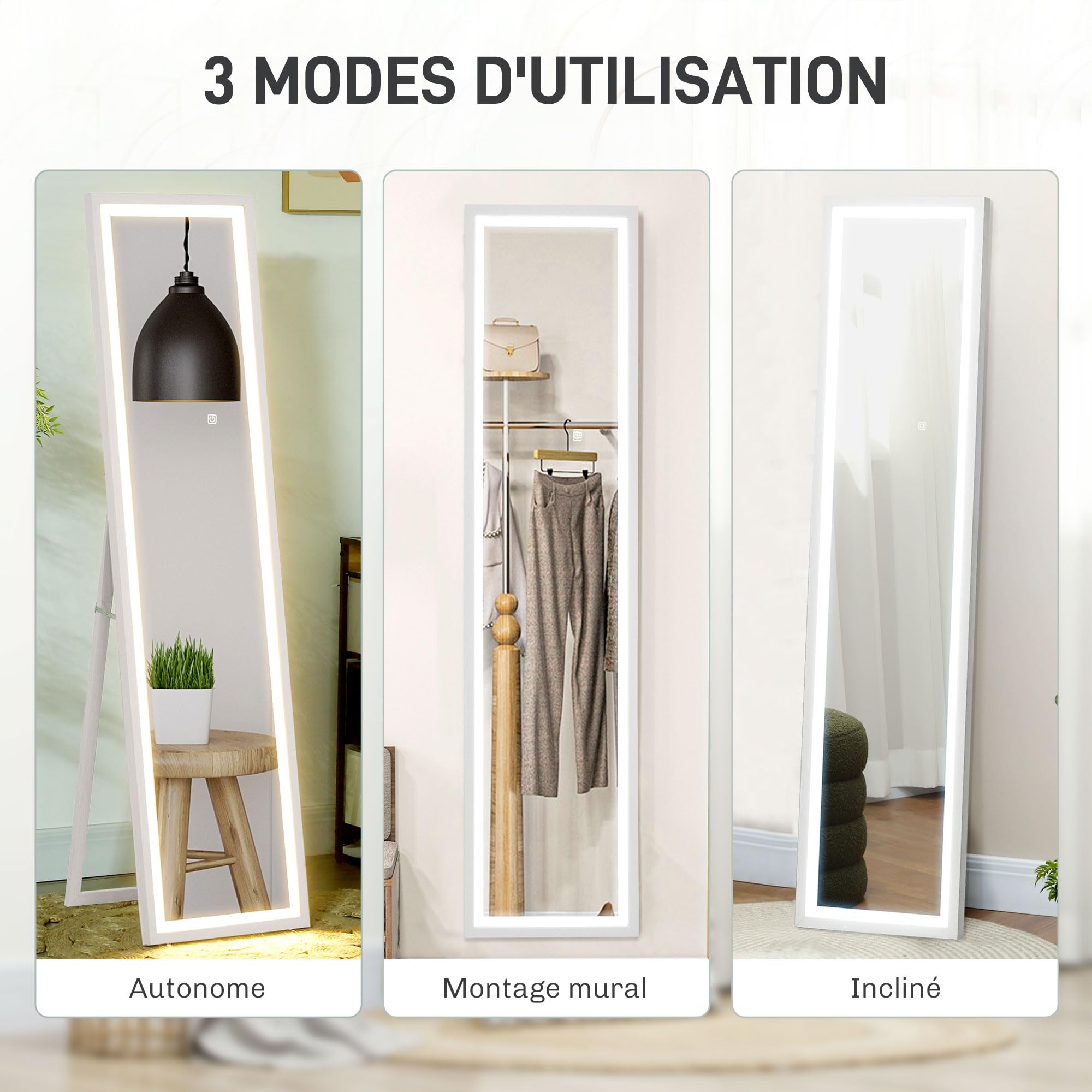 HOMCOM Grand Miroir Pleine Longueur 40 x 160 cm en Verre trempé, éclairage LED 3 Couleurs et Support, Miroir Mural ou sur Pied rectangulaire, pour Chambre à Coucher, Salon et Dressing, Blanc