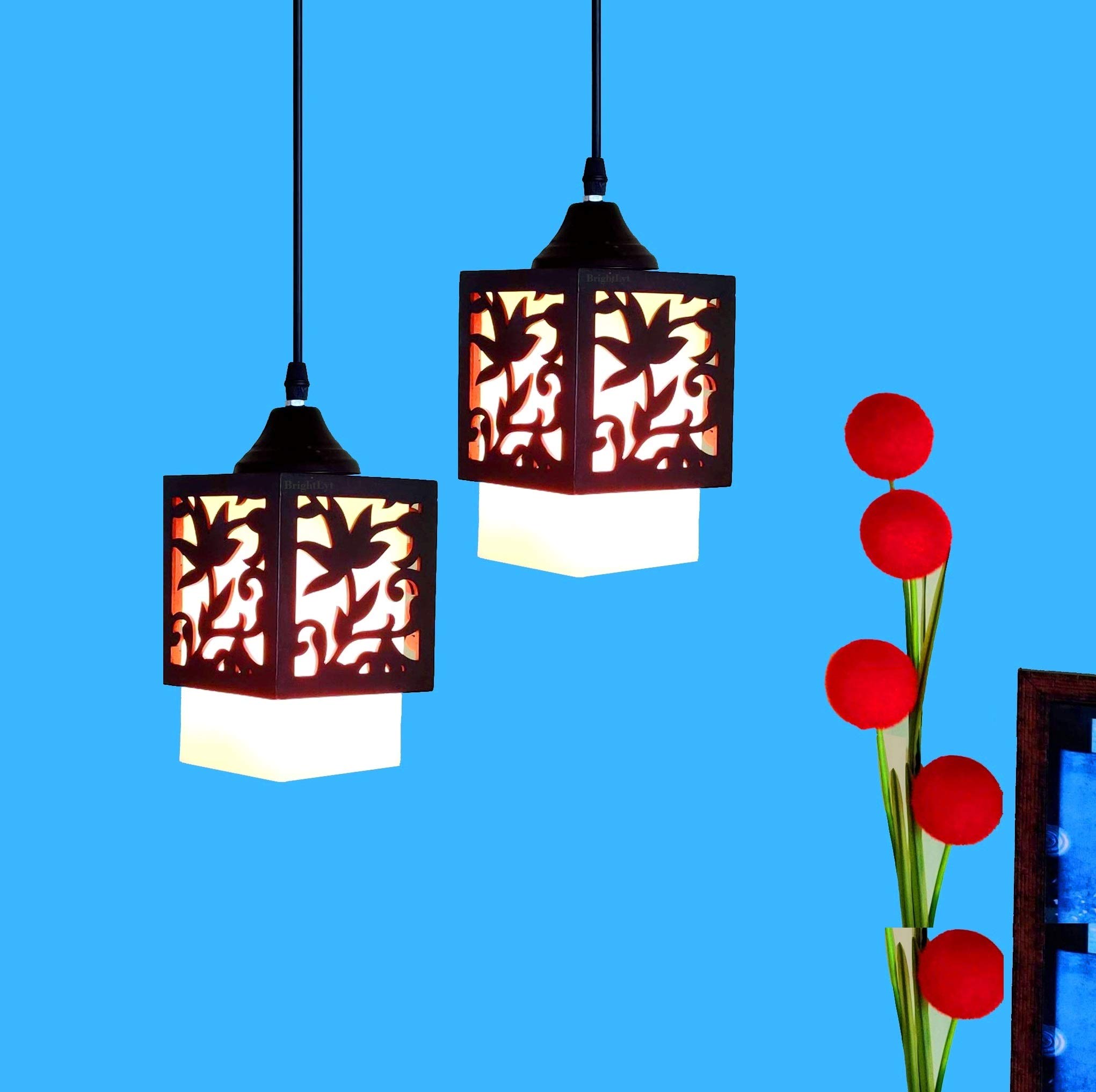 Lyse Decor Lotus Wooden Ceiling Hanging Pendant Light for Living Room, Bedroom (Black) - Pack of 2