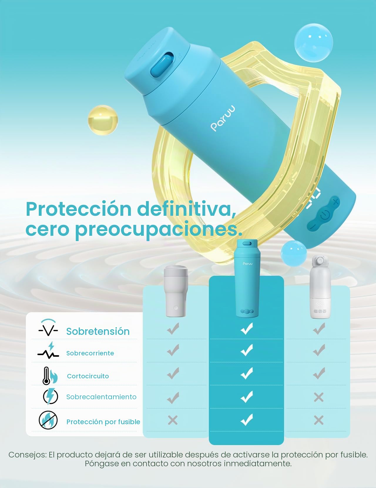 Paruu Calienta Biberones Portatil para Viaje, Calentamiento Rápido en 2 Minutos, Boca Ancha Fácil de Limpiar, 7 Niveles de Regulación de Temperatura, Carga Rápida 30W, Capacidad 350 ml, Azul