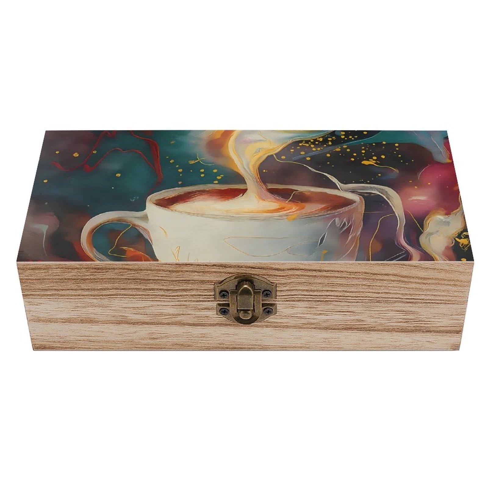 Oudrspo Mystical Watercolor Coffee Cup Retro Wooden Storage Box Keepsake Jewelry Decorative Art Storages Box Gift Boxs