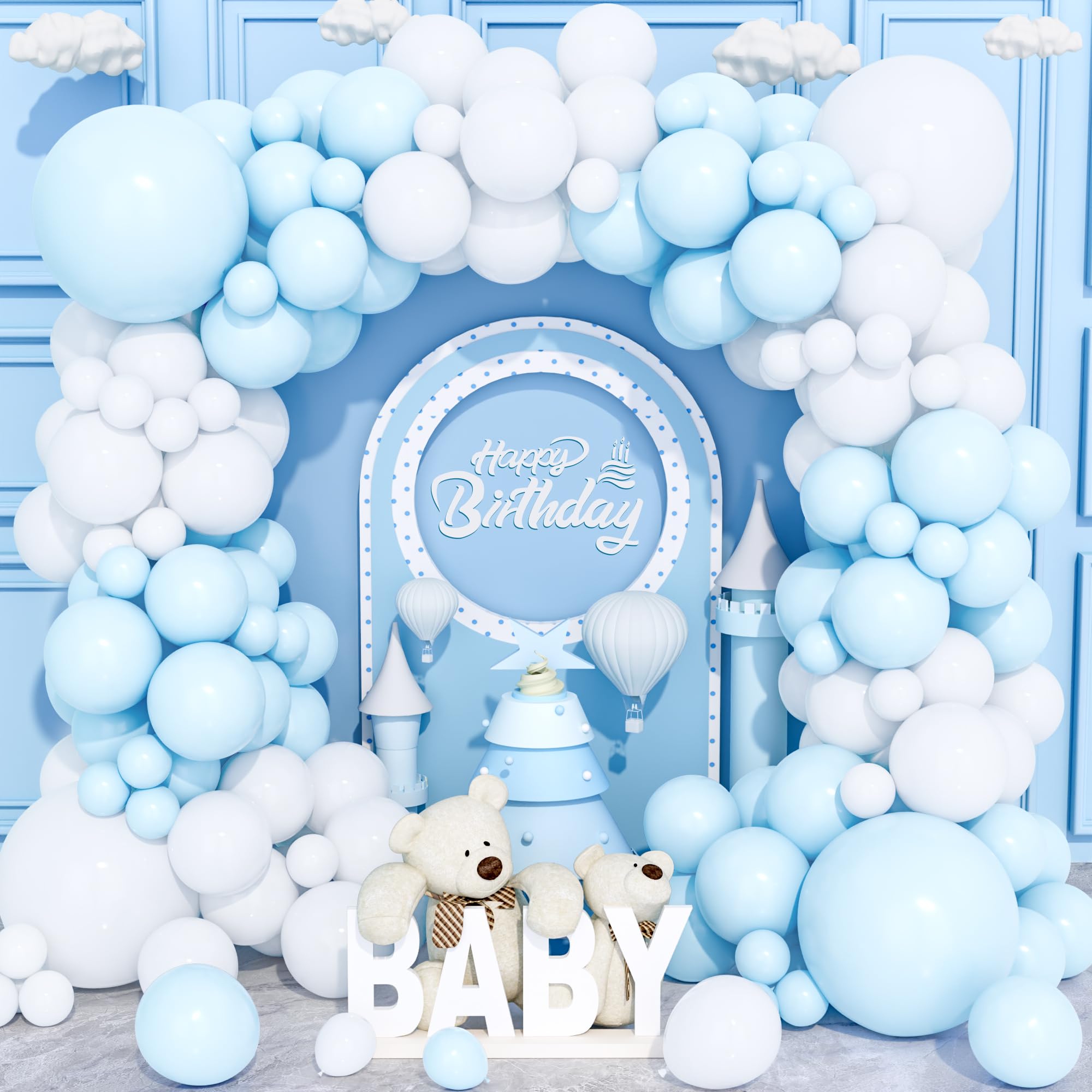 Globos Azules Blancos, 120 Piezas 18/12/10/5 Pulgadas Azul Pastel Bebé Látex Globo Arco Guirnalda Kit para Niños Cumpleaños Baby Shower Género Revelación Aniversario Boda Compromiso Fiesta Deco