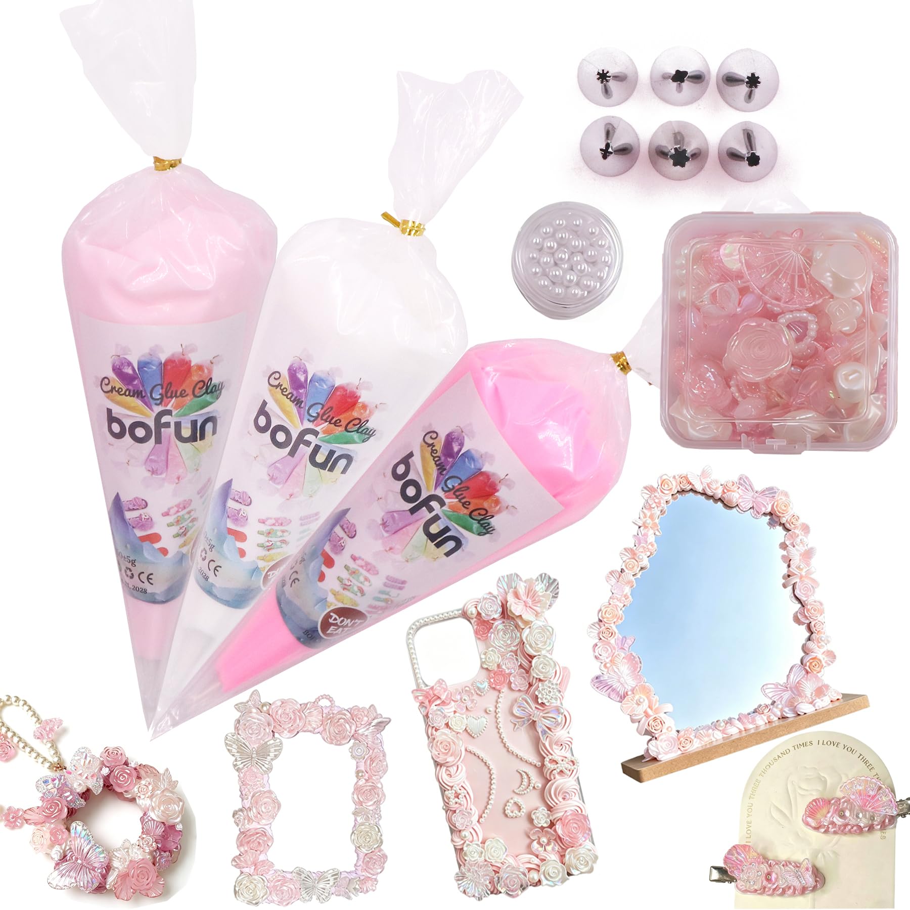 BoFUN Decoden 3 Packs Cream Adhesive Clay for Teens and Adults, DIY Phone Case Making Kit with Resin Charms for Decorating Spikes