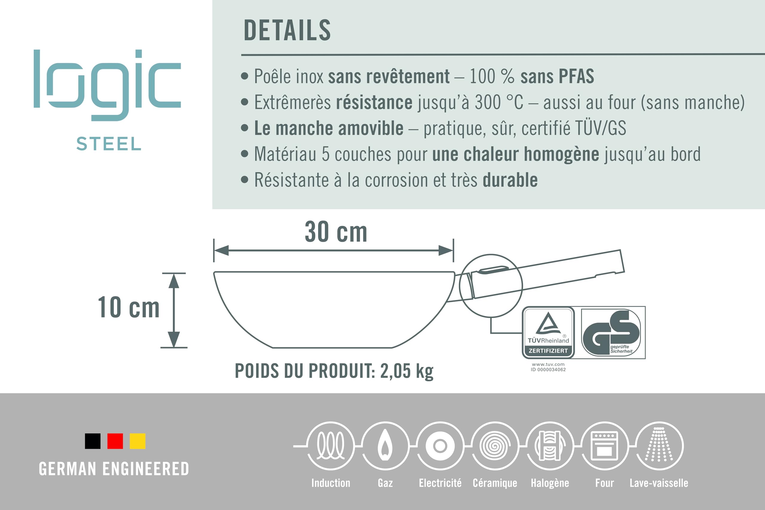 Woll – wok et poêle à sauté Logic Steel Ø 30 cm en acier inoxydable, hauteur 10 cm – induction – wok antiadhésif sans PFAS avec manche amovible – compatible tous feux – robuste et résistant au four