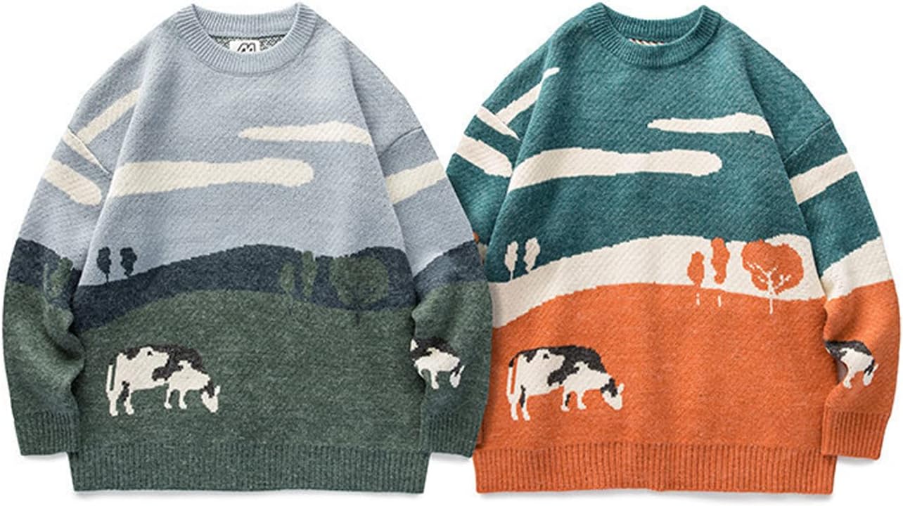 Gihuo Mens Sweater Vintage Cow Printed Sweater Pullover Sweaters Crewneck Oversized Kawaii Sweater Knit Tops Jumper - Image 8