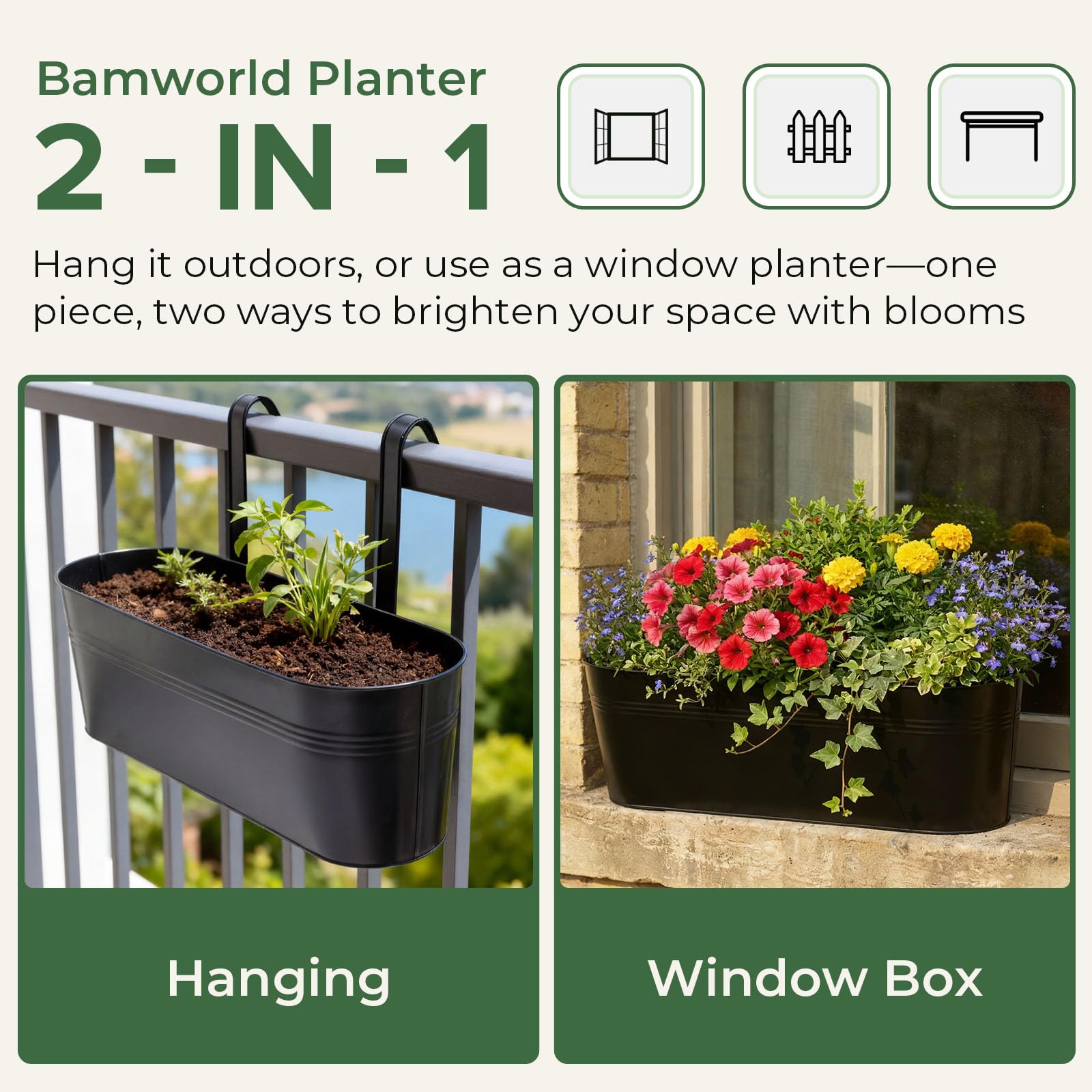 Bamworld Balkonkasten hängend 3er Set, 43cm Metall Blumentopf mit abnehmbaren Haken, Vintage Pflanzkasten für Balkongeländer & Zaun, Kräutergarten Pflanzgefäß für Außen & Innen, Schwarz