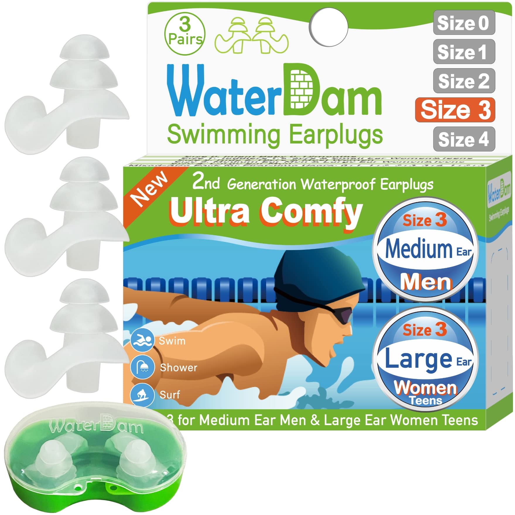 WaterDam Swimming Ear Plugs - Ultra Comfy Waterproof Earplugs Prevent Swimmer's Ear (Medium & Large, Clear)