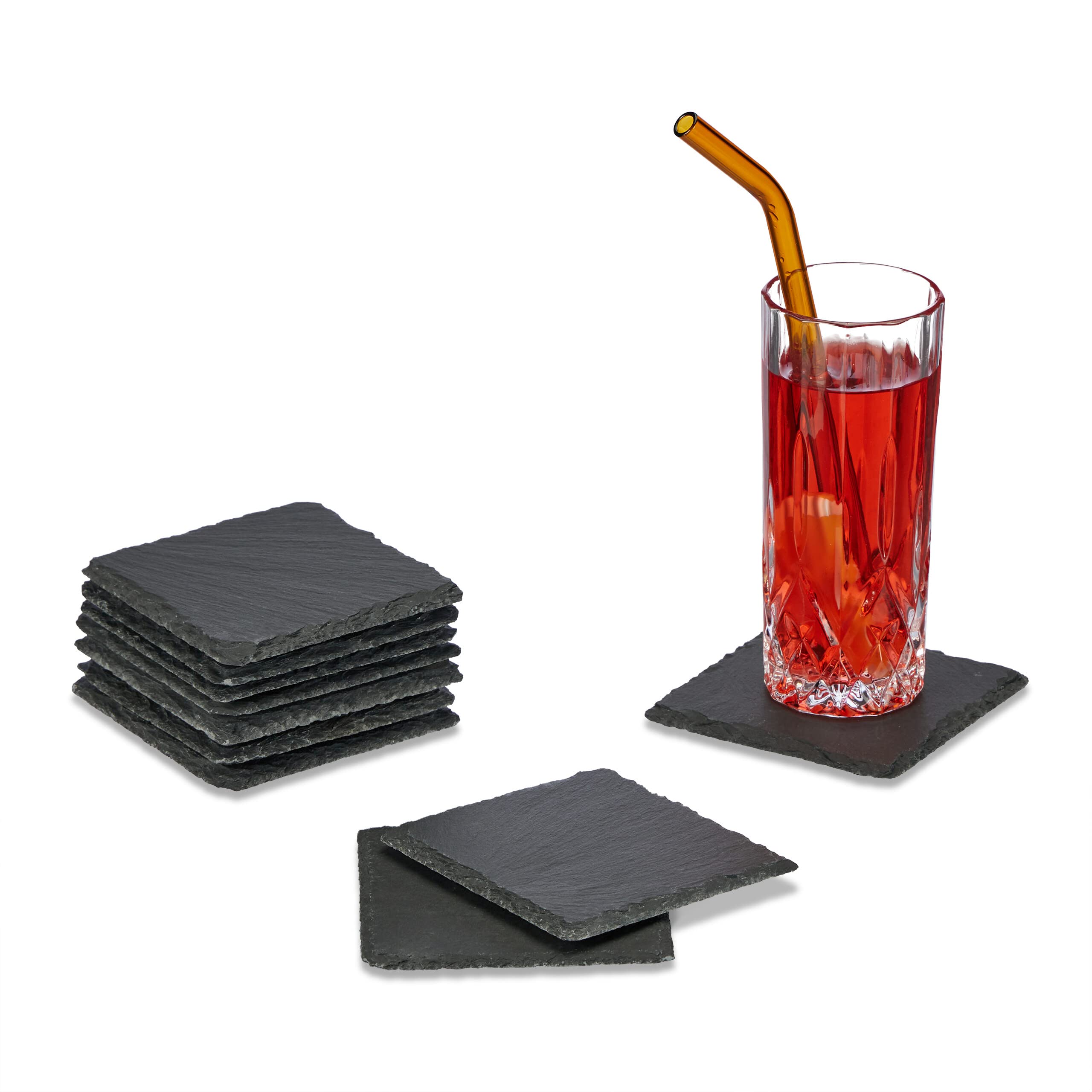 Relaxdays Slate Coasters, Set of 10, for Coffee Table, Square Drink Mats, 10 x 10 cm, for Glasses & Mugs, Anthracite