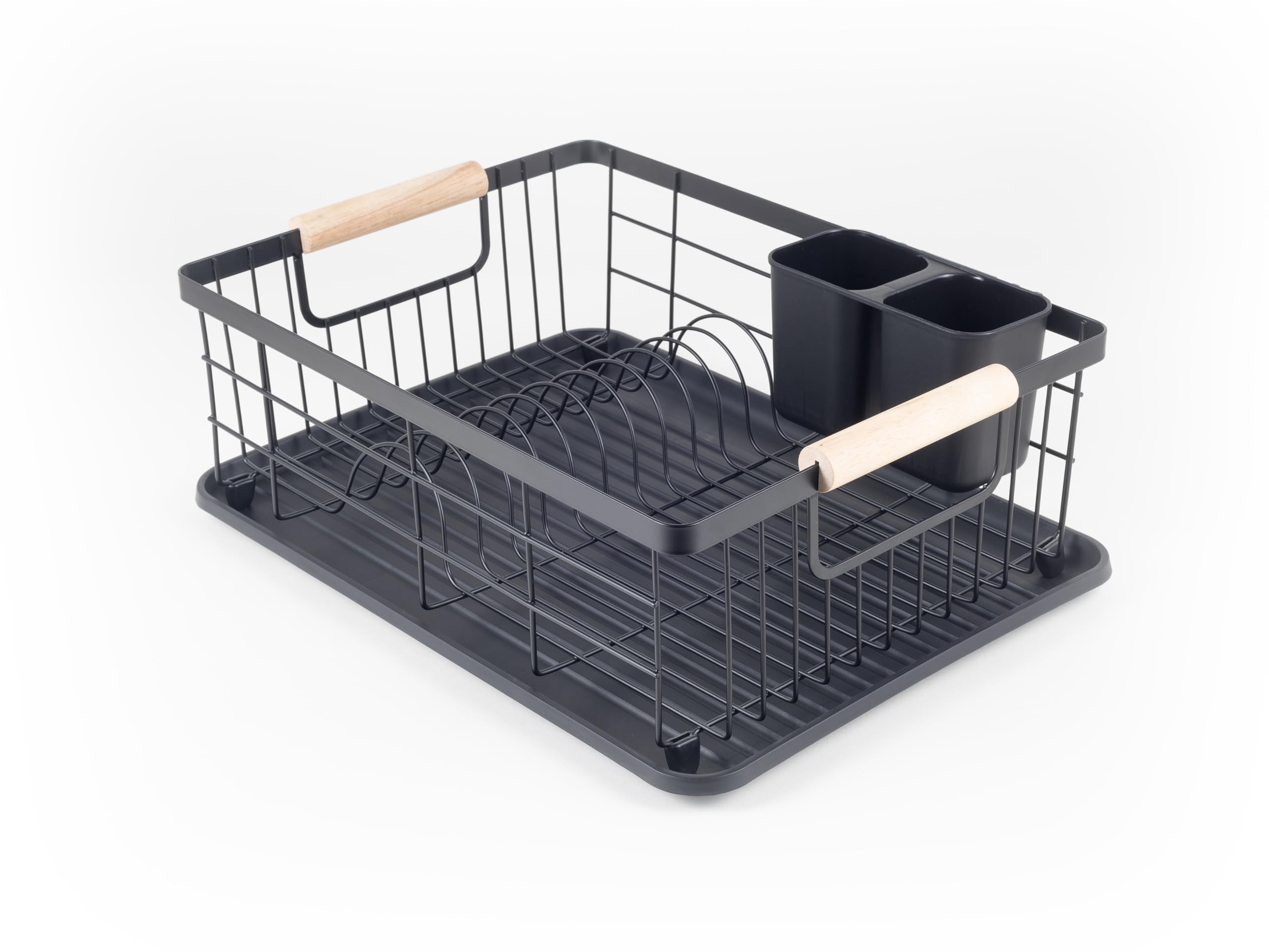 Hanseküche Escurreplatos Negro Mate - Escurreplatos Asas de Madera - Escurreplatos de Acero Inoxidable para el Fregadero