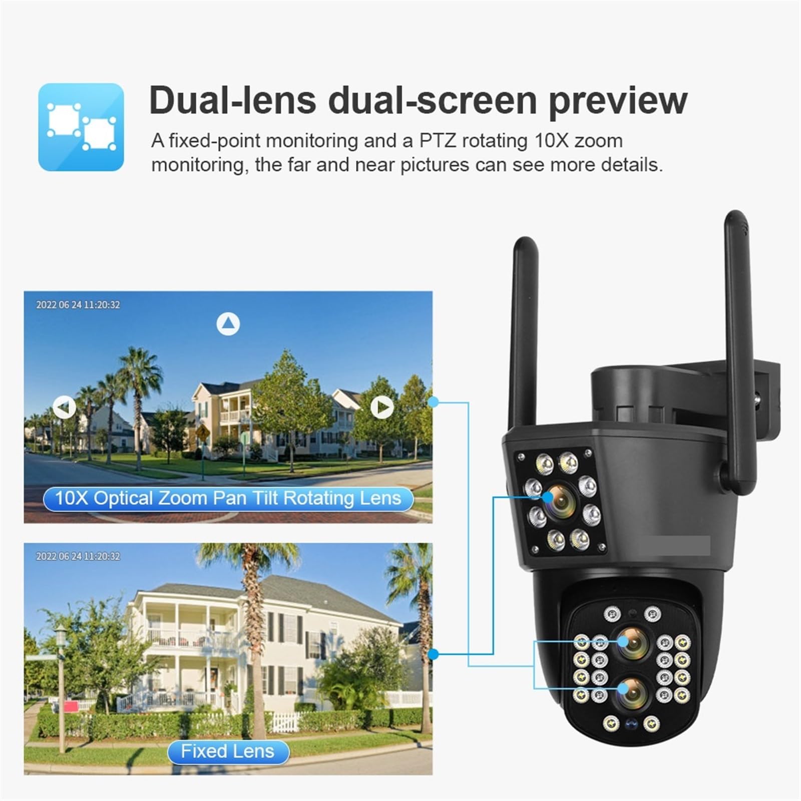 Telecamera di sicurezza a doppio schermo 4K esterna da 8MP Tre lenti PTZ Zoom ottico 10X CCTV impermeabile con tracciamento automatico Installazione semplice(WIFI 8MP Add 32GB)