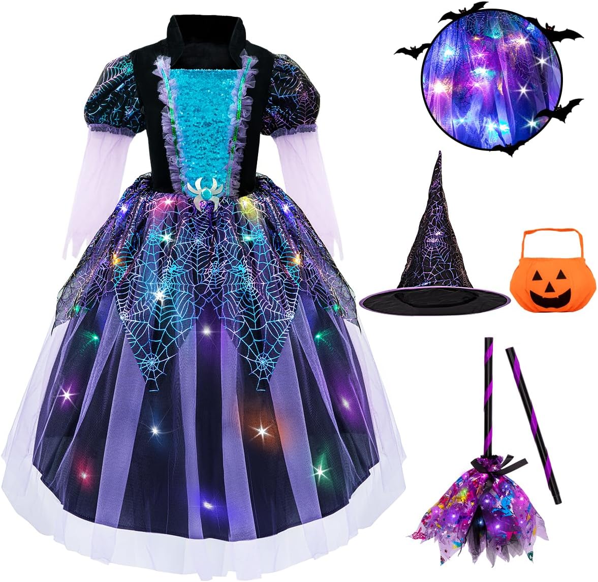 Meland Halloween Witch Costume for Girls(M,6-7 Years), Purple