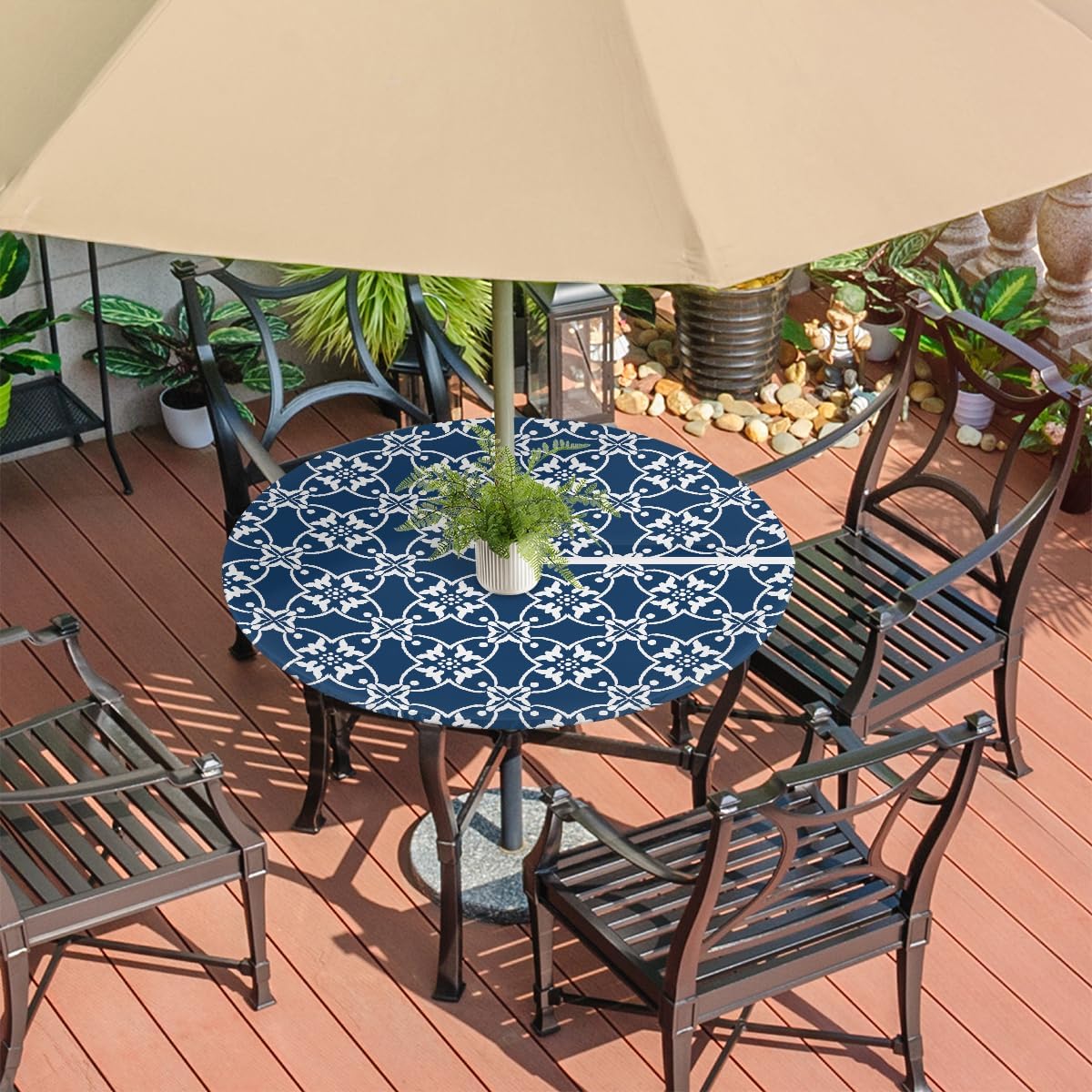 Navy Blue Mandala Outdoor Round Fitted Tablecloth with Umbrella Hole and Zipper, 45"-56" Elastic Patio Table Cloth Oil-Proof Waterproof Patio Table Cover for Picnic Party Camping