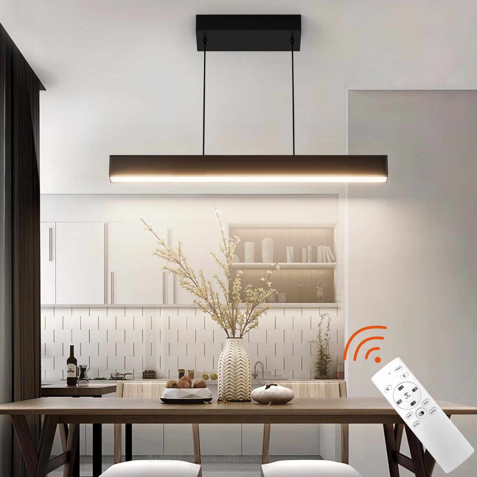 modern ceiling pendant light with remote control, linear chandelier dining light fixture for kitchen, living room, dining room (24inch)