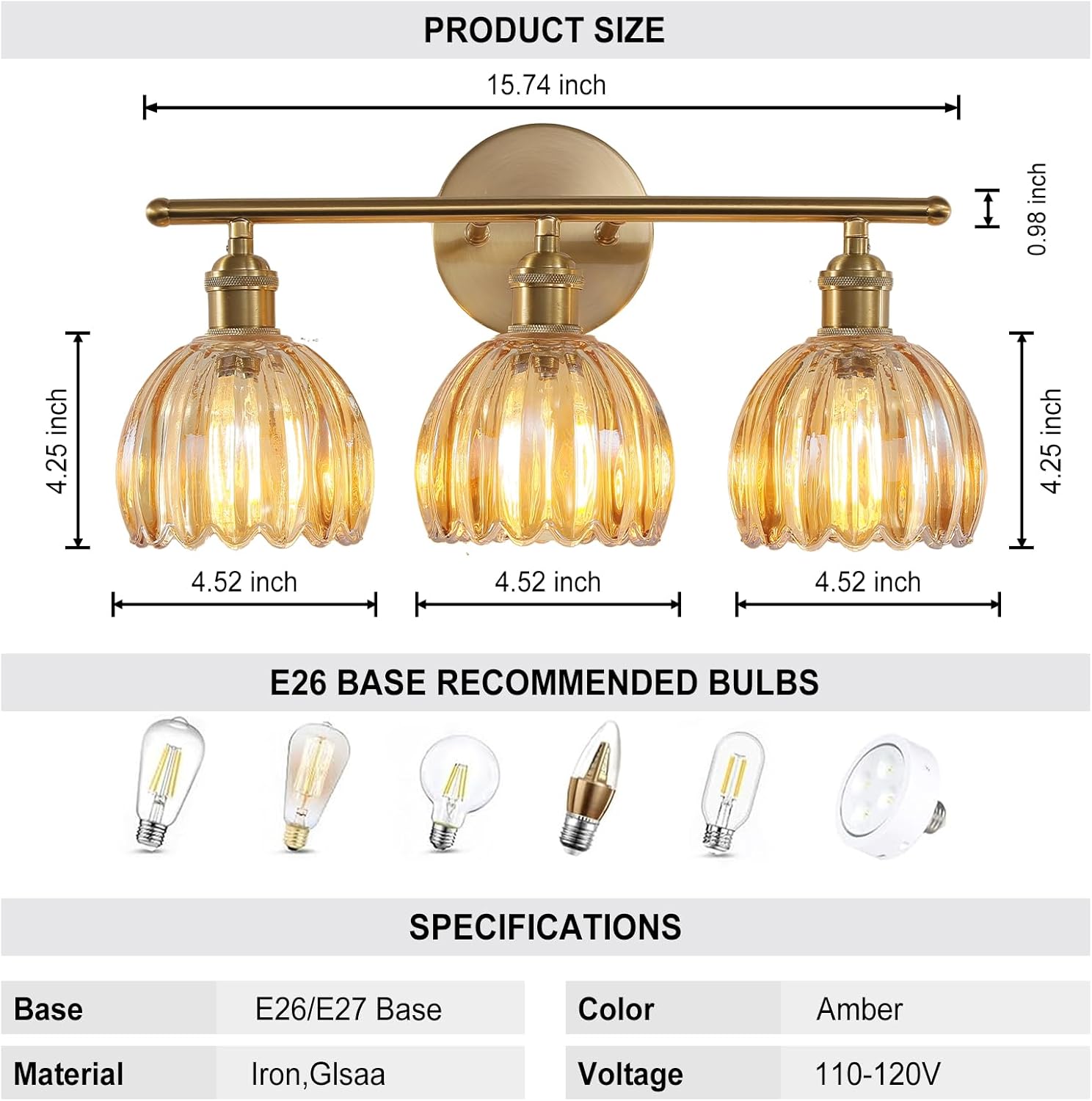 Bathroom Light Fixtures, 3-Light Brass Vanity Wall Light Over Mirror with Amber Tulip Glass Shade for Bedroom Living Room