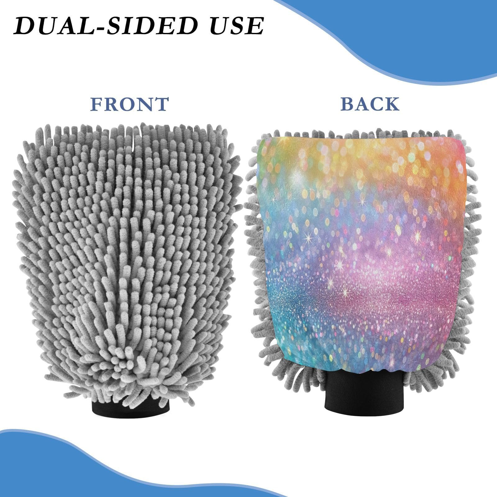 GakkiGii Sparkling Color 2 Pack Microfiber Car Wash Mitts, Dual-Sided Chenille Gloves, Scratch-Free for Auto Detailing & Home Cleaning, M