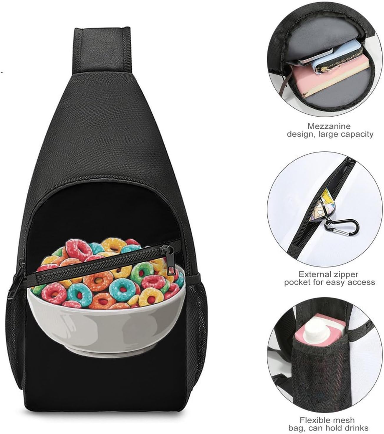 Bowl Filled Cereals Loops Crossbody Sling Backpack Chest Bag Daypack | unisex,trendy,with convertible and detachable shoulder strap,side pockets
