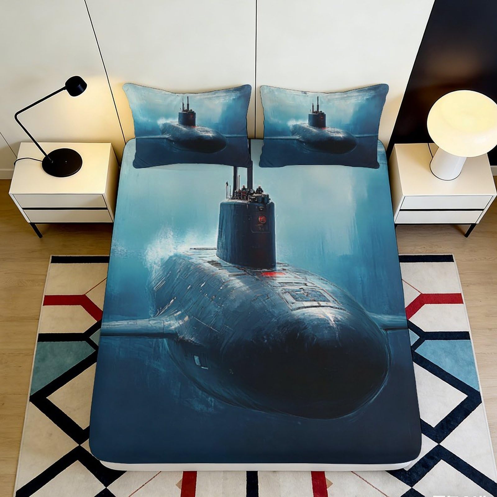 Uxinyoume Style-10 3D Printed Submarine Ocean Fitted Sheet Microfiber Anti-Slip Bed Cover For Bedroom Dorm Decorative Mattress Protection 90X200x25cm