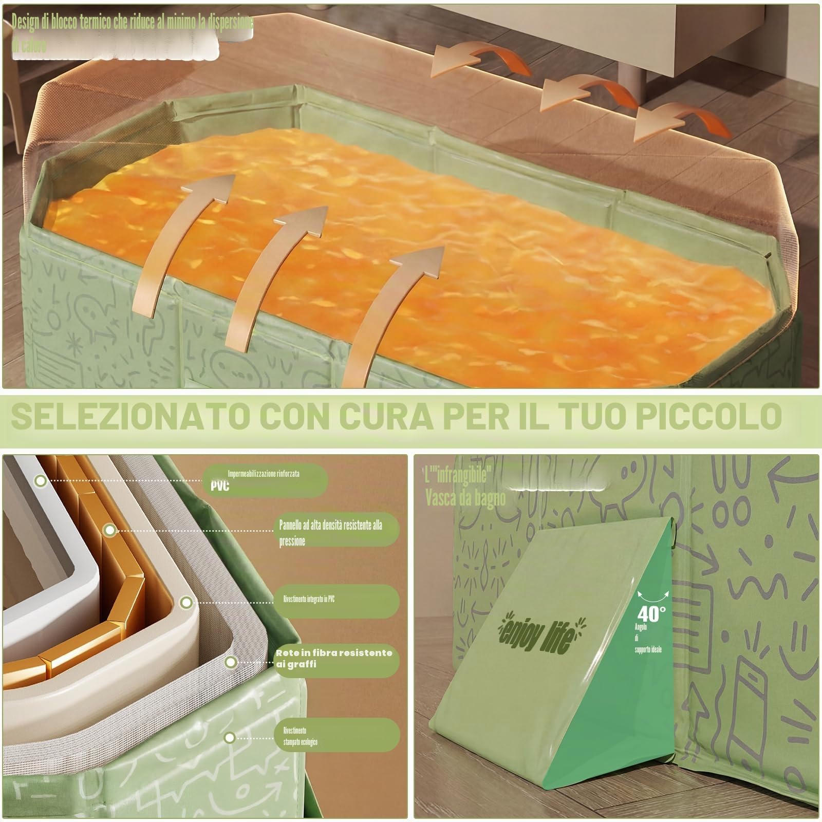 Vasca da bagno pieghevole per neonati e bambini, con tappo di scarico, 75 × 45 cm, design antiscivolo, in plastica senza BPA, colore: verde menta