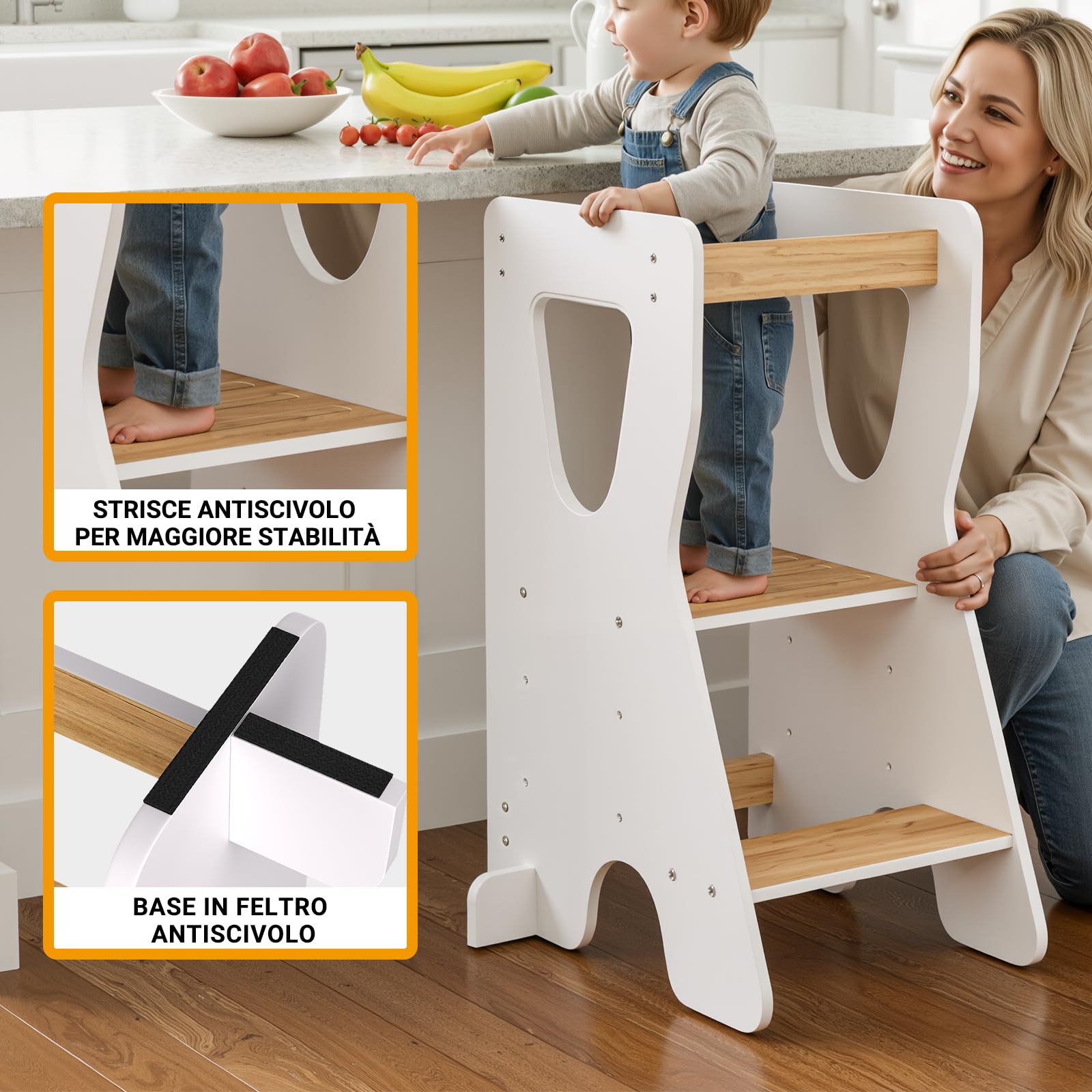 COSYLAND Torre Montessoriana Bambini Legno Naturale 3 Altezze Regolabili Bianco e Naturale