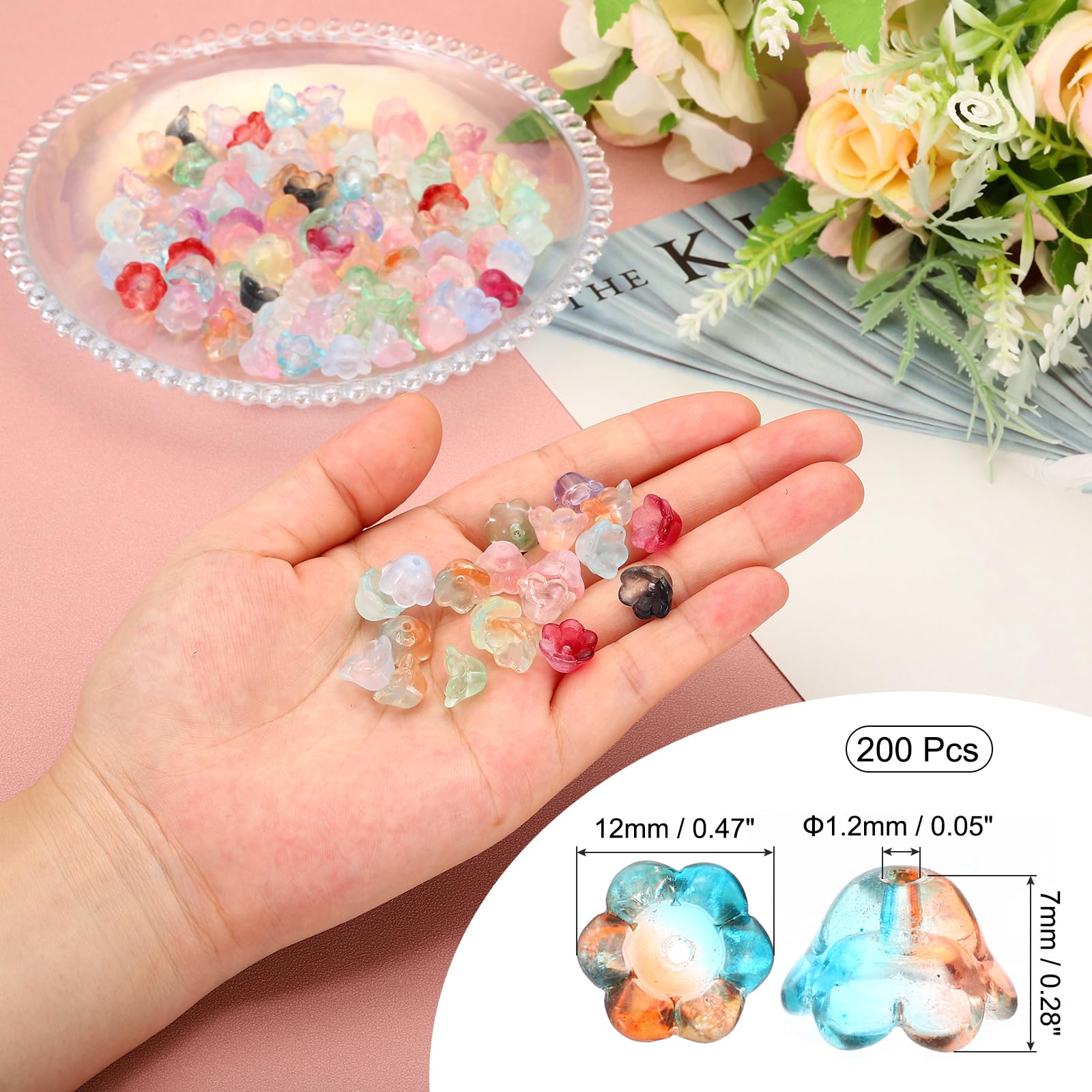 PATIKIL Glass Trumpet Flower Beads, 200 Pcs Gradient Flower Bead Charm for DIY Craft Decorations Orange, Cyan - Image 2